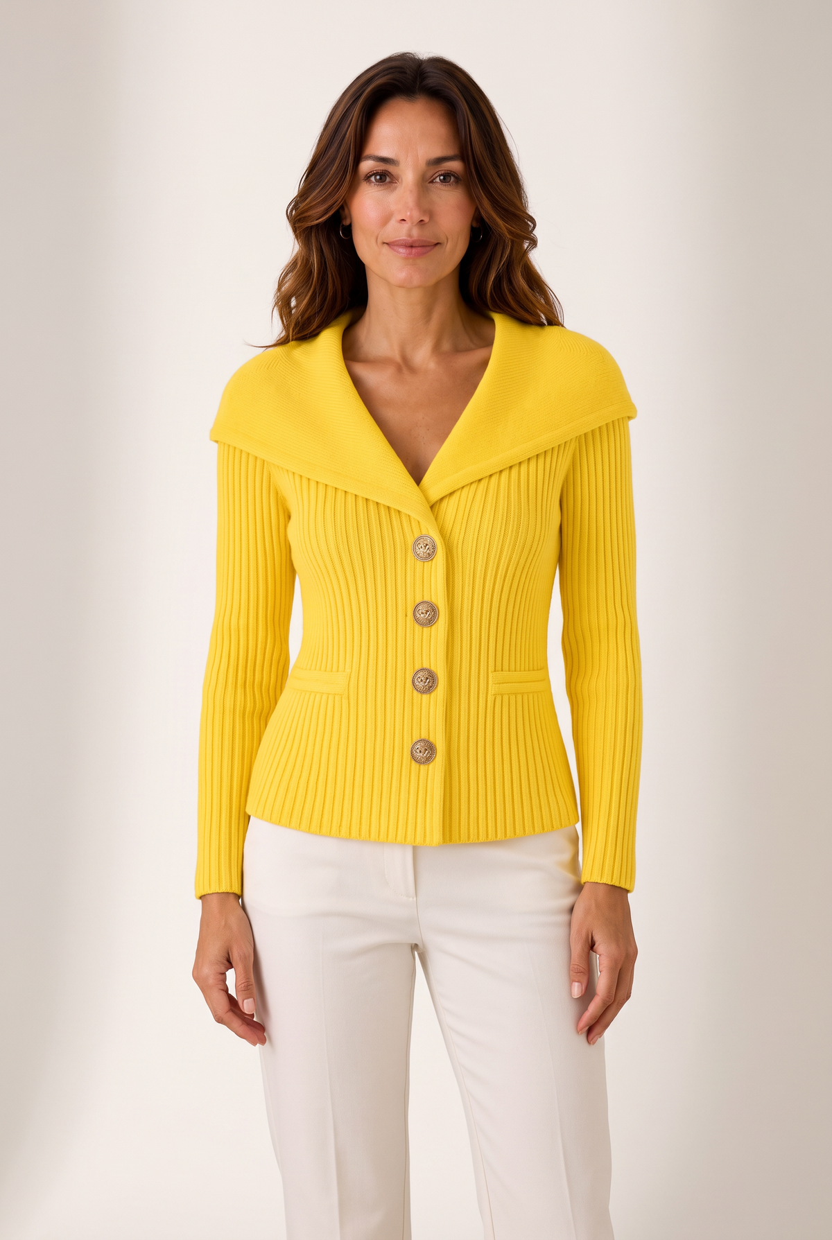 Joana Women's Off Shoulder Ribbed Knit Cardigan in Yellow, on model