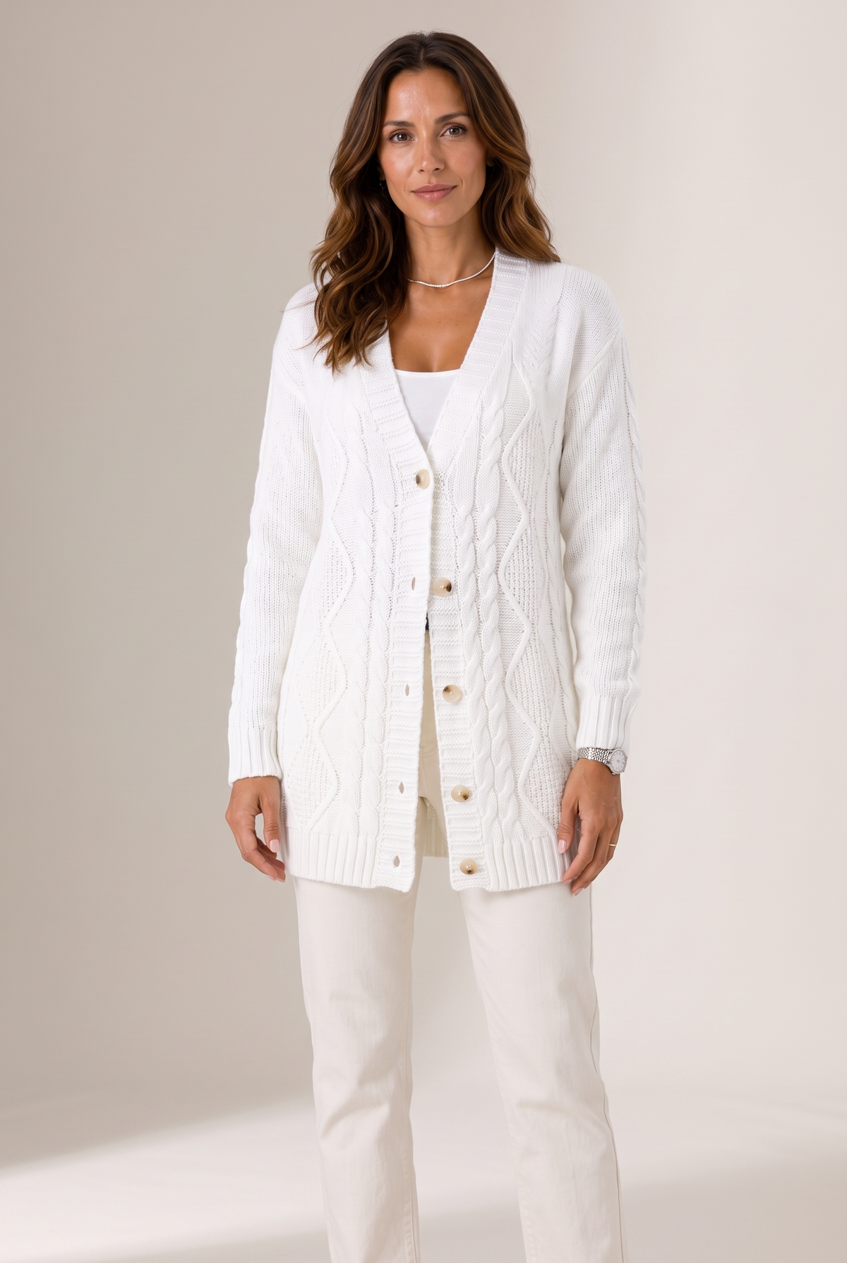 Clara Women's Winter Cable-Knit Longline Cardigan in White, on model