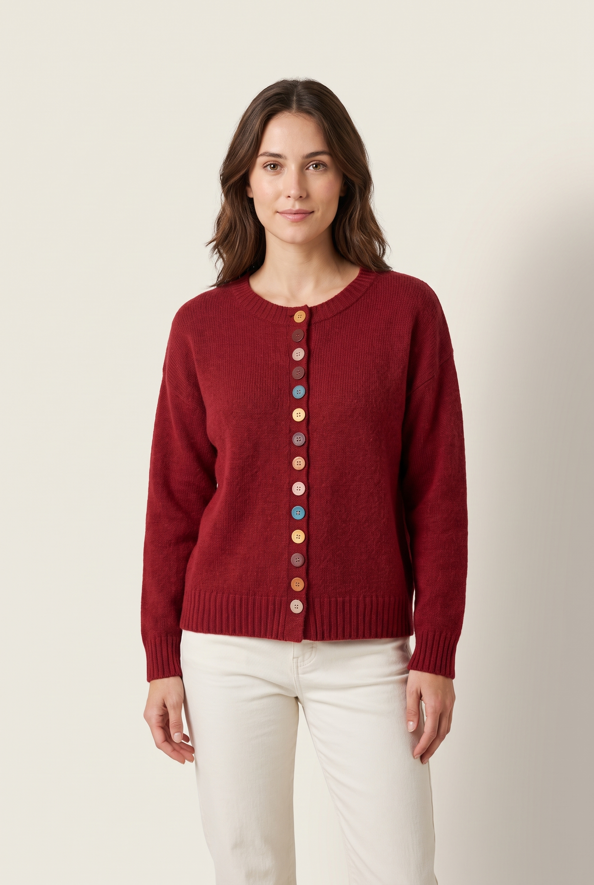 Vicky Women's Button Detail Crew Neck Cardigan in Red, on model
