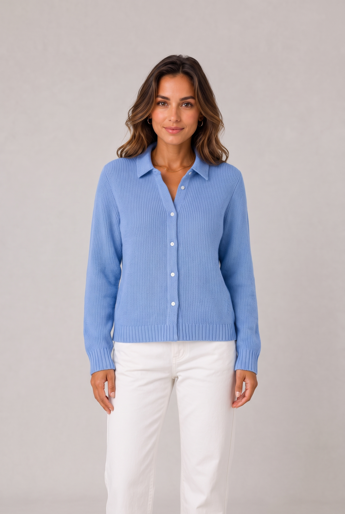 Gina Women's Classic Knitted Button Cardigan in Blue, on model