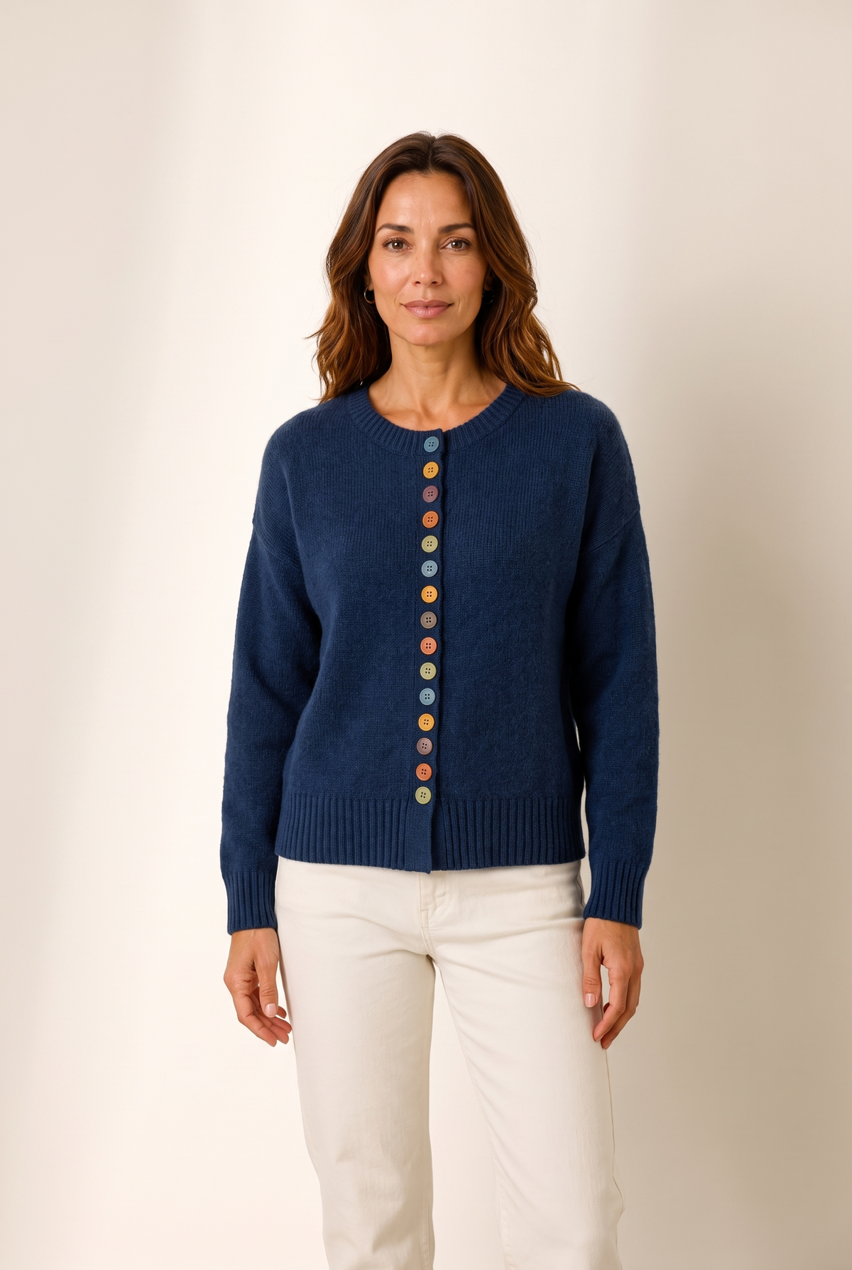 Vicky Women's Button Detail Crew Neck Cardigan in Blue, on model