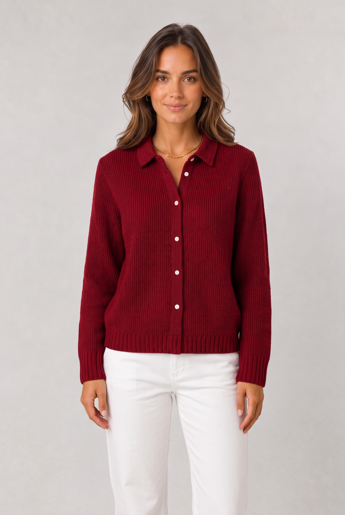 Gina Women's Classic Knitted Button Cardigan in Wine Red, on model