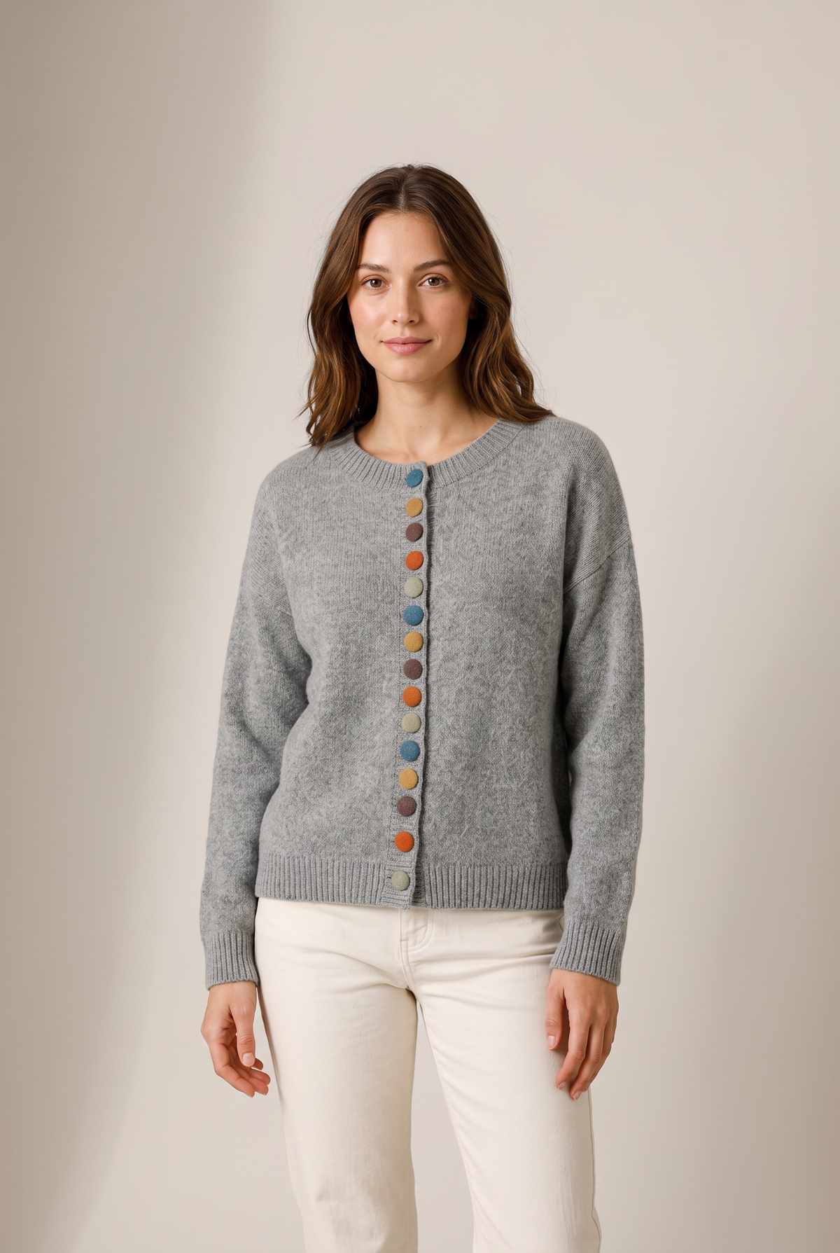 Vicky Women's Button Detail Crew Neck Cardigan in Gray, on model