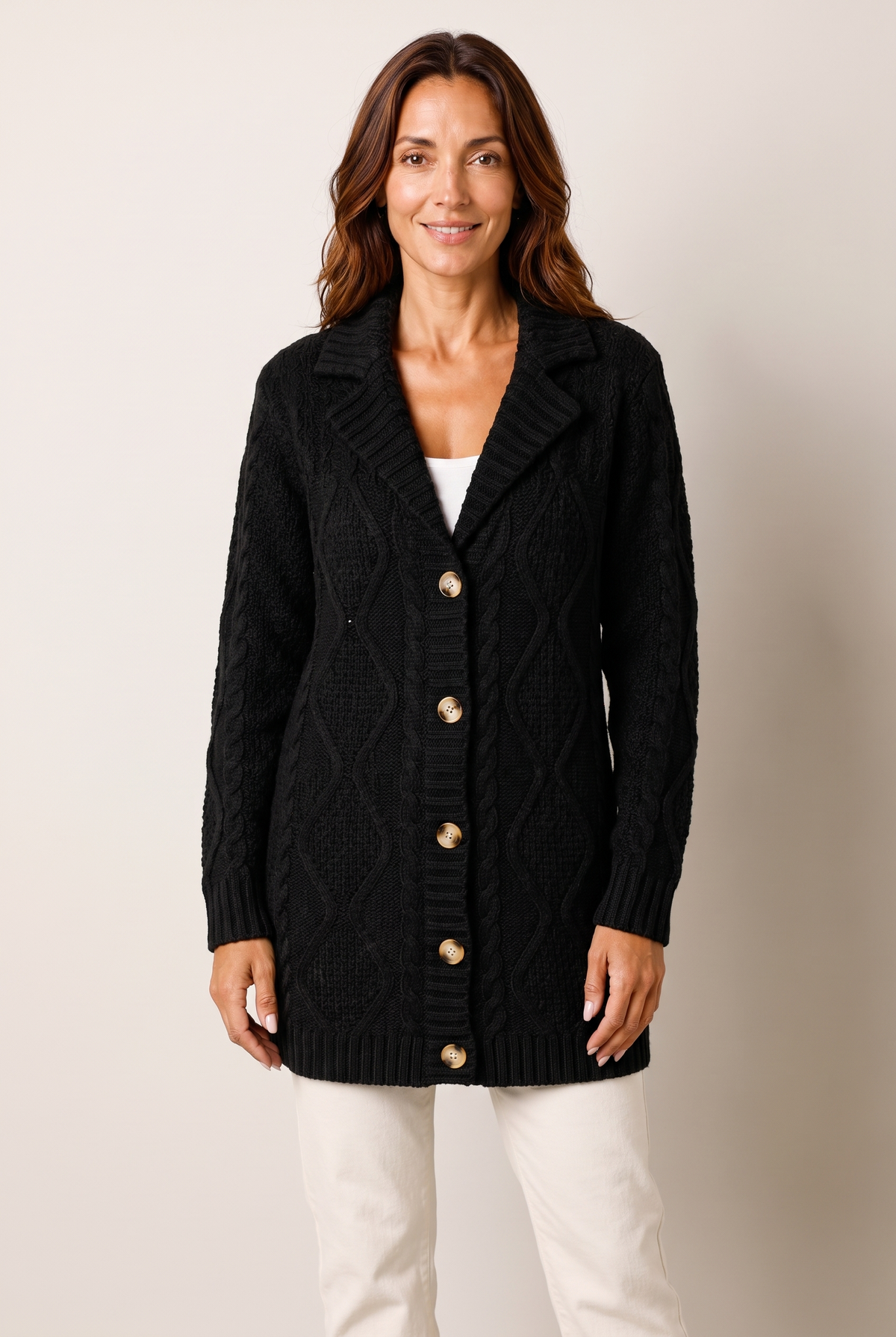 Clara Women's Winter Cable-Knit Longline Cardigan in Black, on model