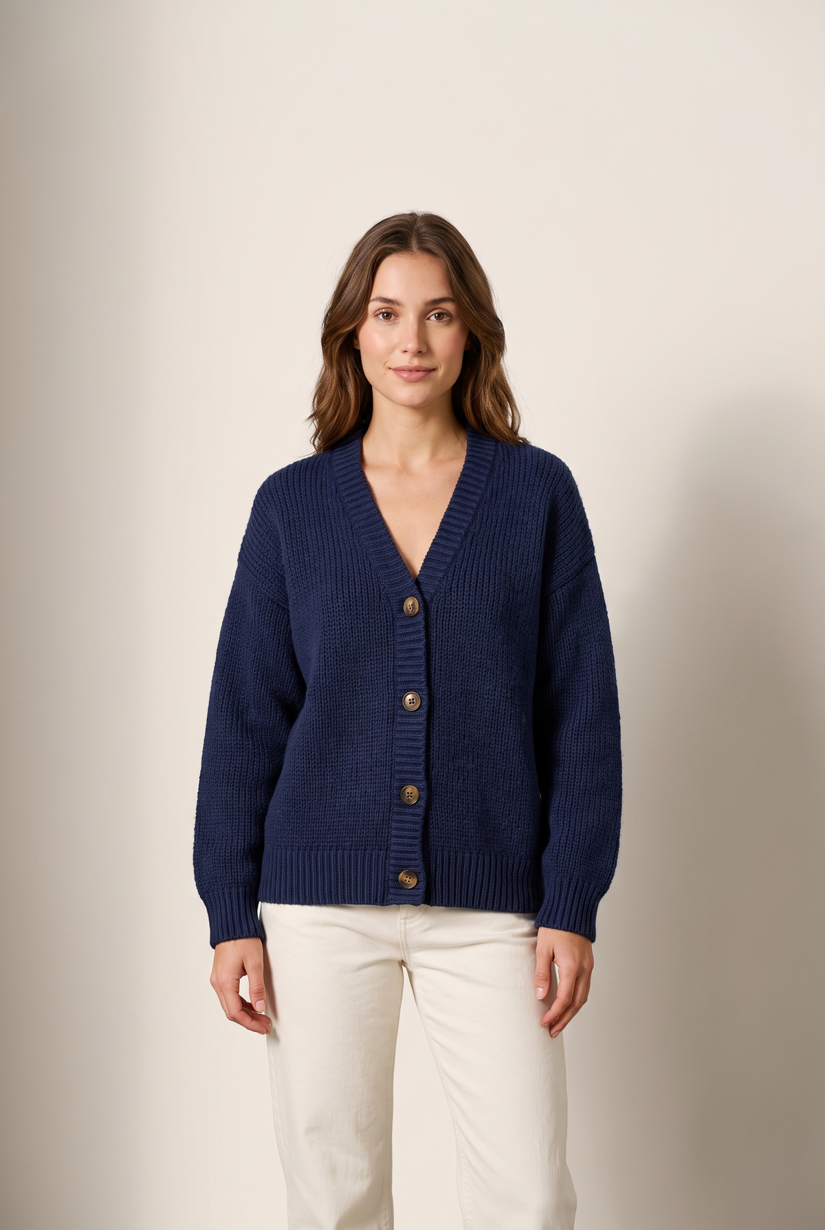 Sienna Women's Relaxed Chunky Knit Cardigan in Navy Blue, on model