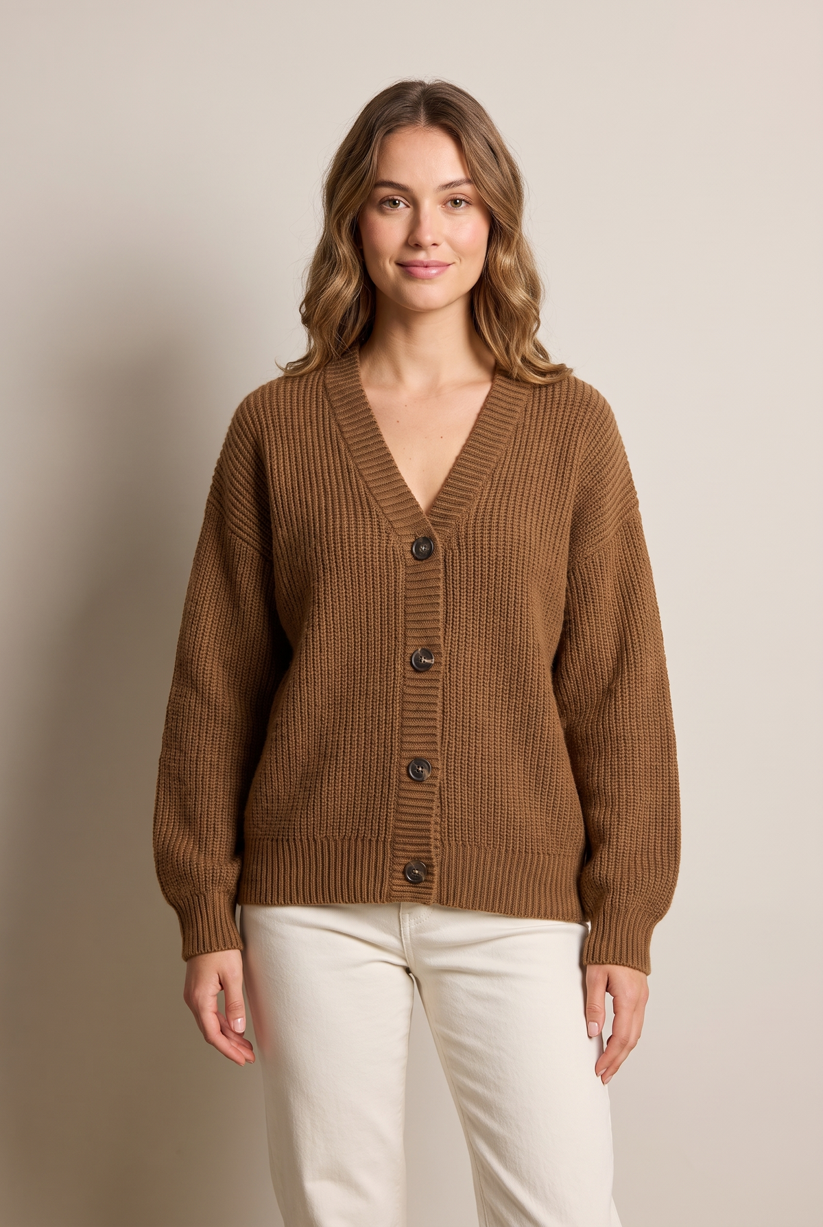 Sienna Women's Relaxed Chunky Knit Cardigan in Brown, on model