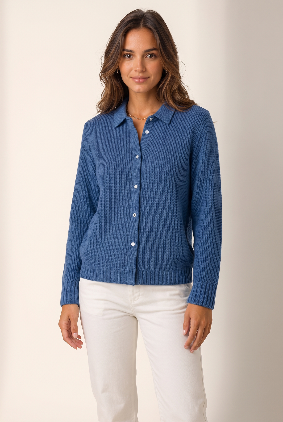 Gina Women's Classic Knitted Button Cardigan in Dark Blue, on model