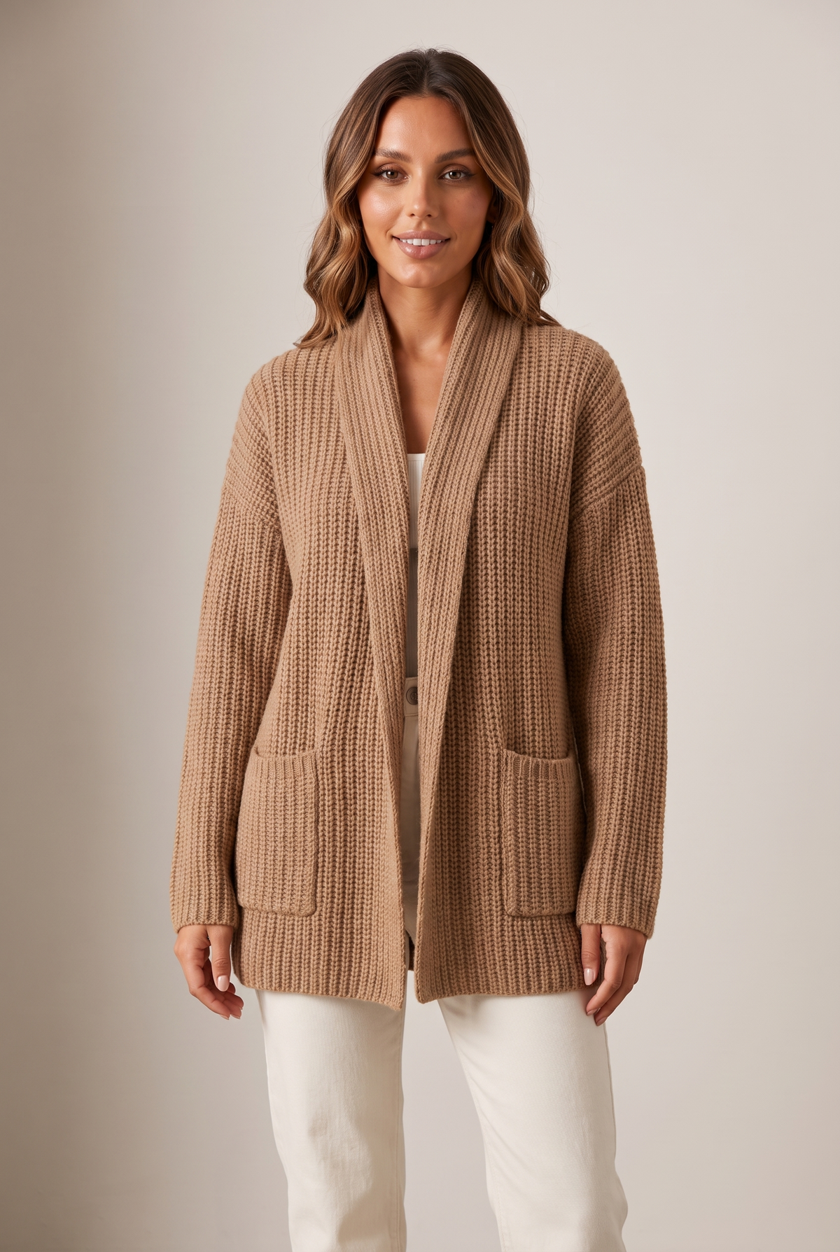 Nora Women's Longline Knit Pocket Cardigan in Camel, on model
