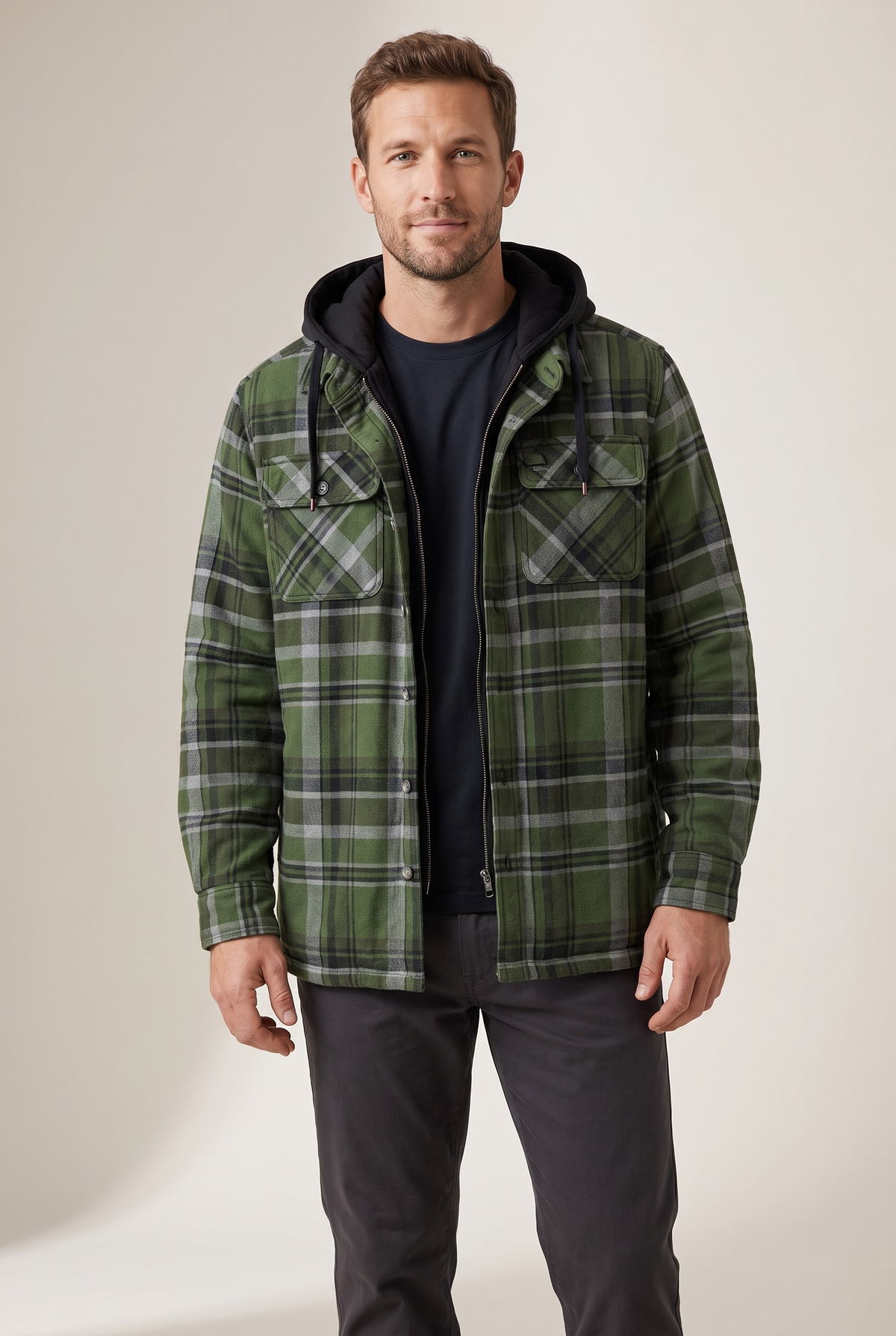 Men's Plaid Hooded Jacket with Quilted Lining and Zip-Up Front in Dark Green, on model