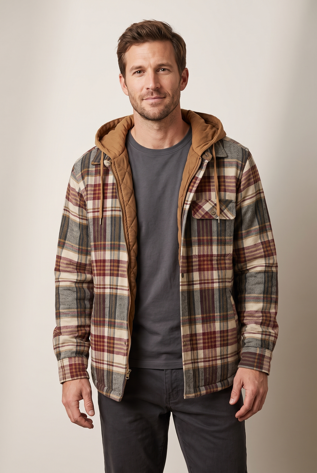 Men's Plaid Hooded Jacket with Quilted Lining and Zip-Up Front in Khaki, on model
