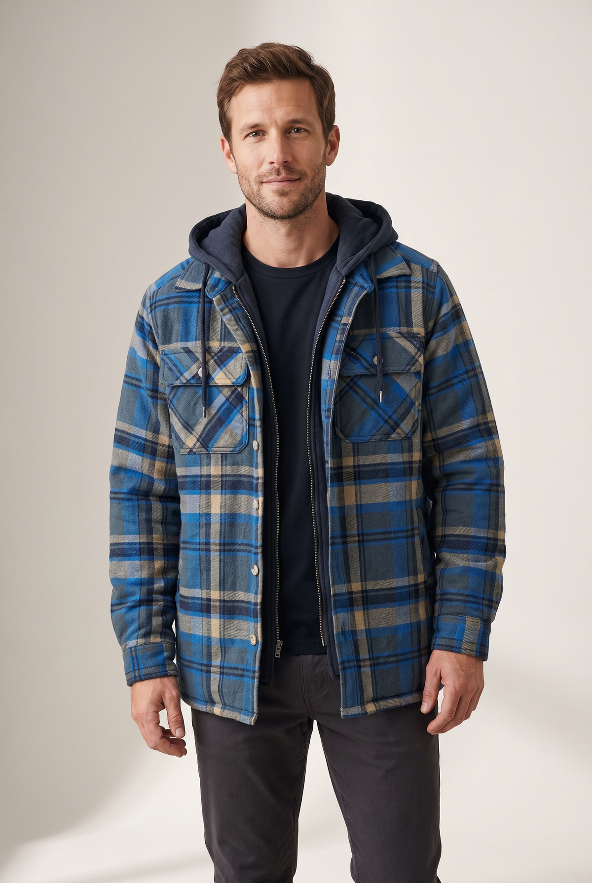 Men's Plaid Hooded Jacket with Quilted Lining and Zip-Up Front in Blue, on model
