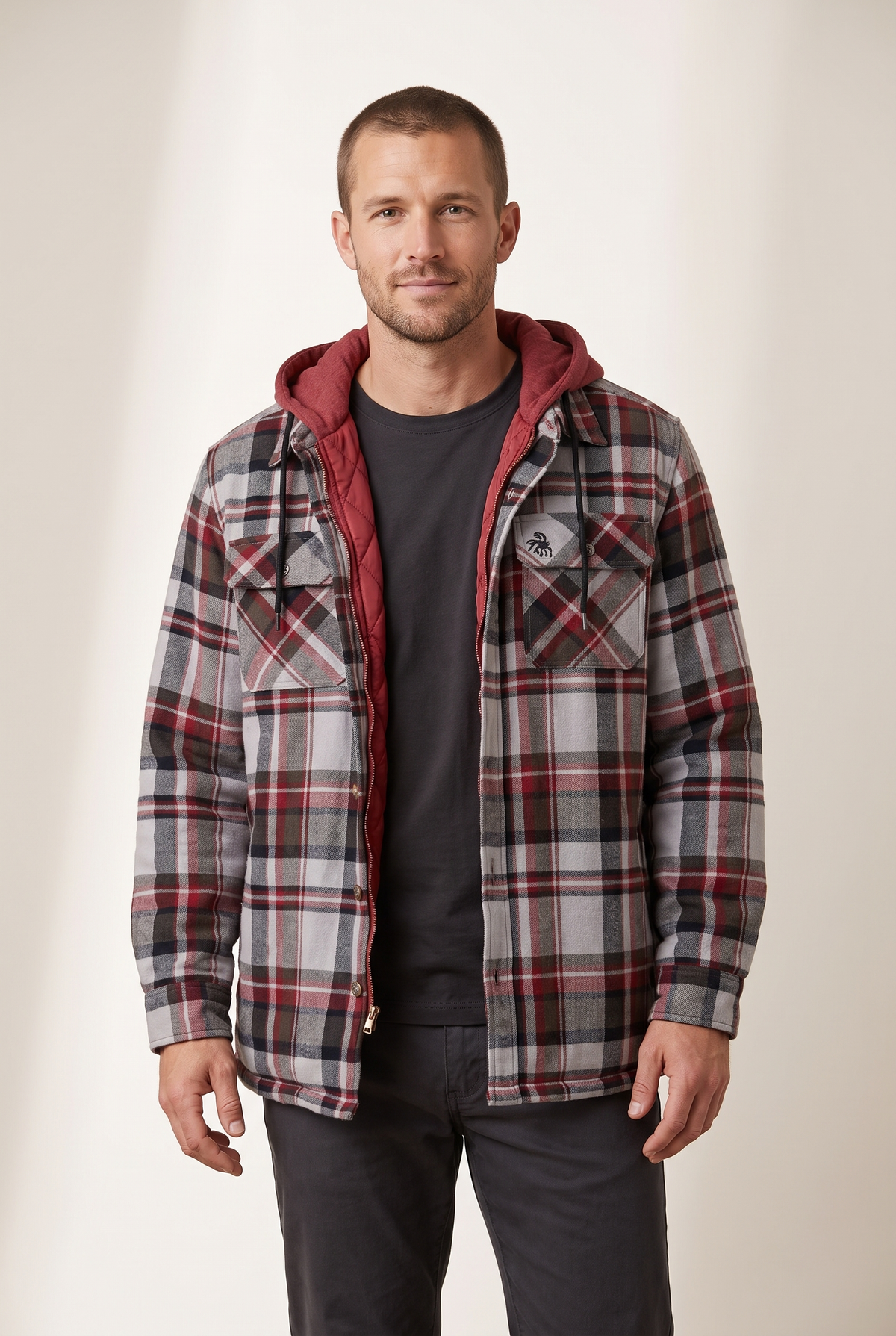 Men's Plaid Hooded Jacket with Quilted Lining and Zip-Up Front in Red, on model