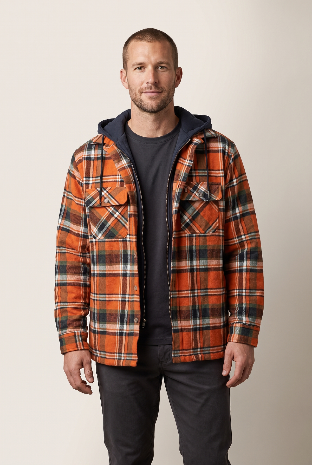 Men's Plaid Hooded Jacket with Quilted Lining and Zip-Up Front in Orange, on model
