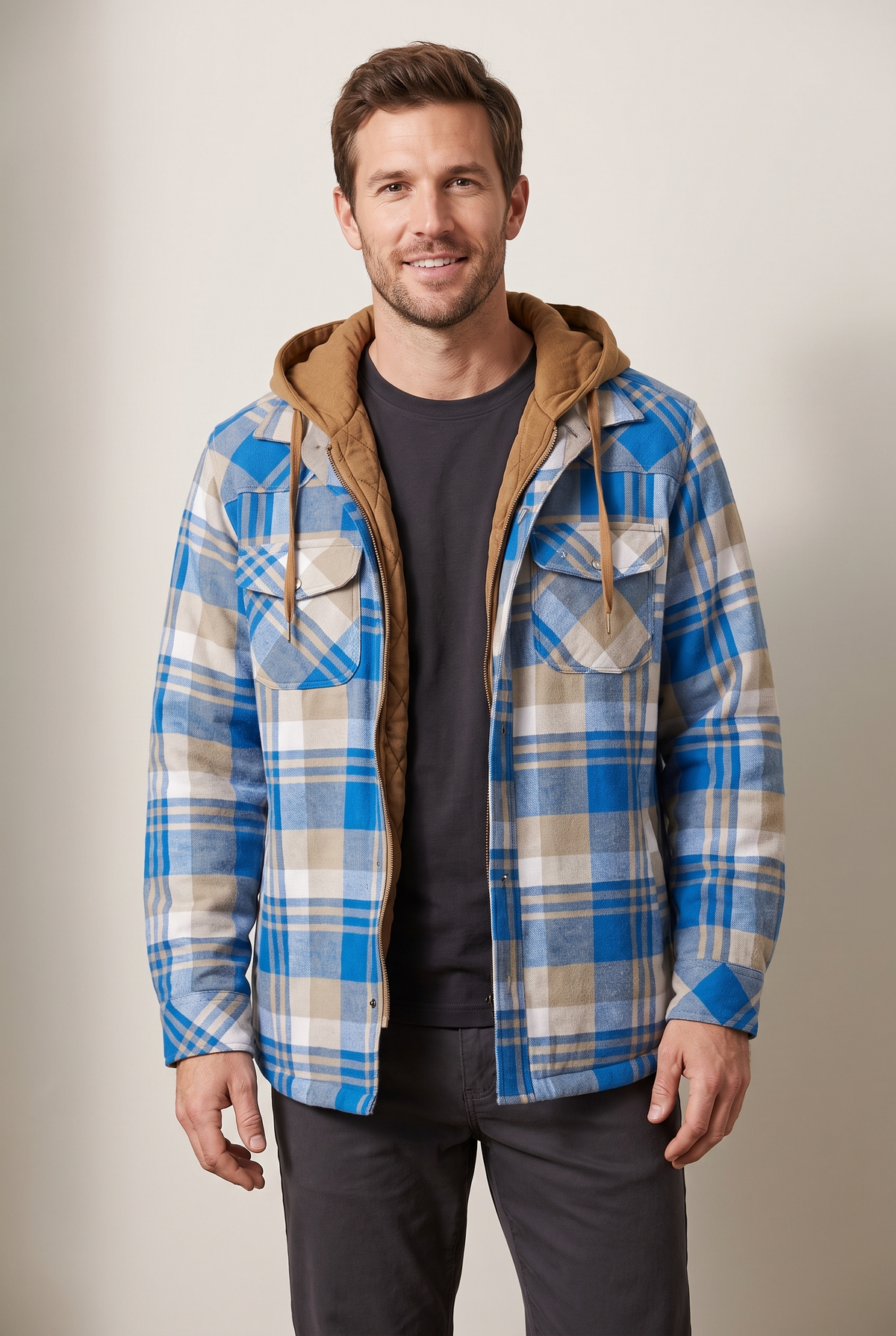 Men's Plaid Hooded Jacket with Quilted Lining and Zip-Up Front in Light Blue, on model
