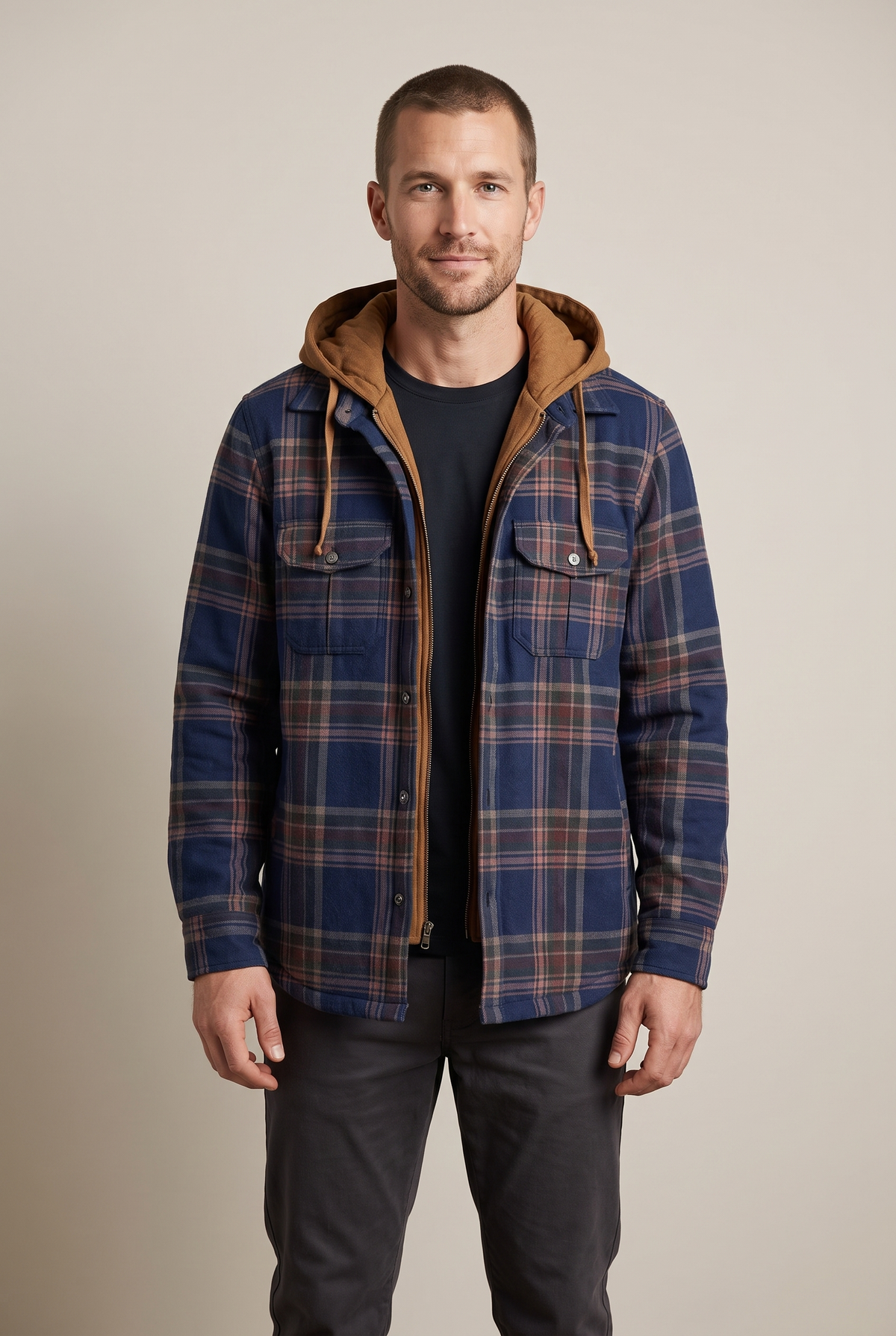 Men's Plaid Hooded Jacket with Quilted Lining and Zip-Up Front in Dark Blue, on model