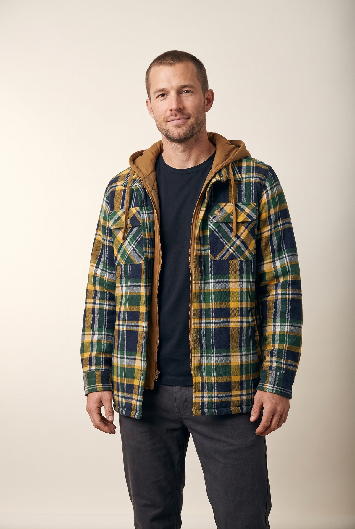 Men's Plaid Hooded Jacket with Quilted Lining and Zip-Up Front in Green, on model