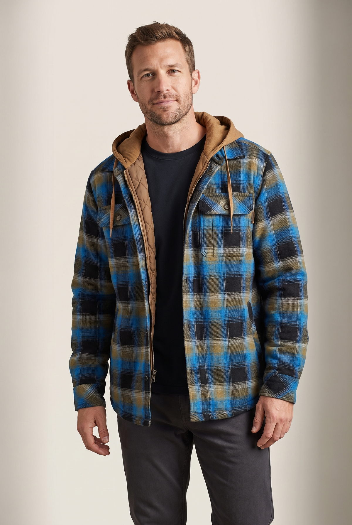 Men's Plaid Hooded Jacket with Quilted Lining and Zip-Up Front in Blue/Khaki, on model