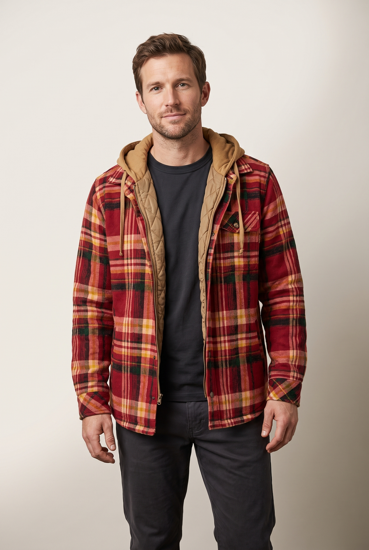 Men's Plaid Hooded Jacket with Quilted Lining and Zip-Up Front in Red/Khaki, on model