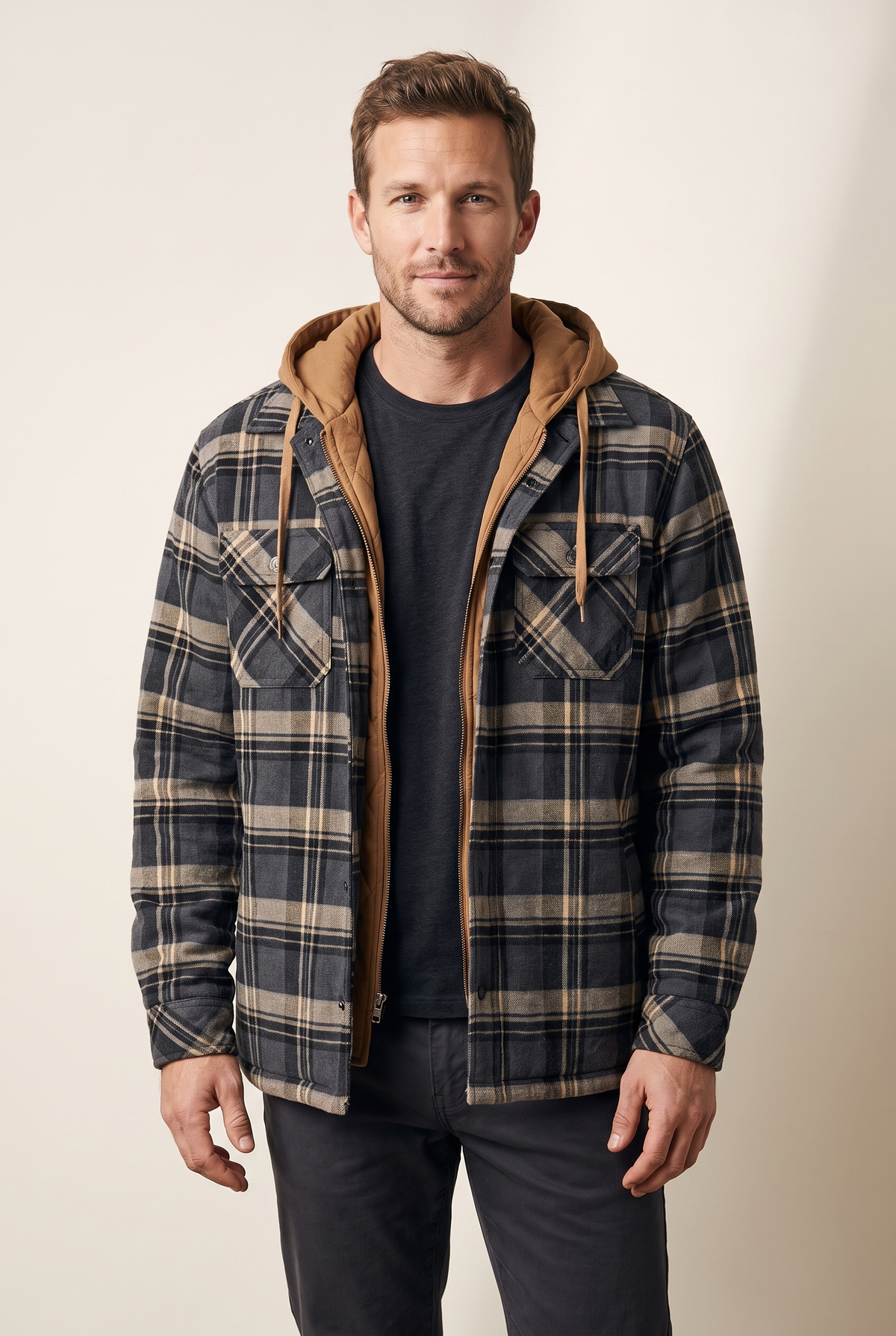Men's Plaid Hooded Jacket with Quilted Lining and Zip-Up Front in Gray, on model