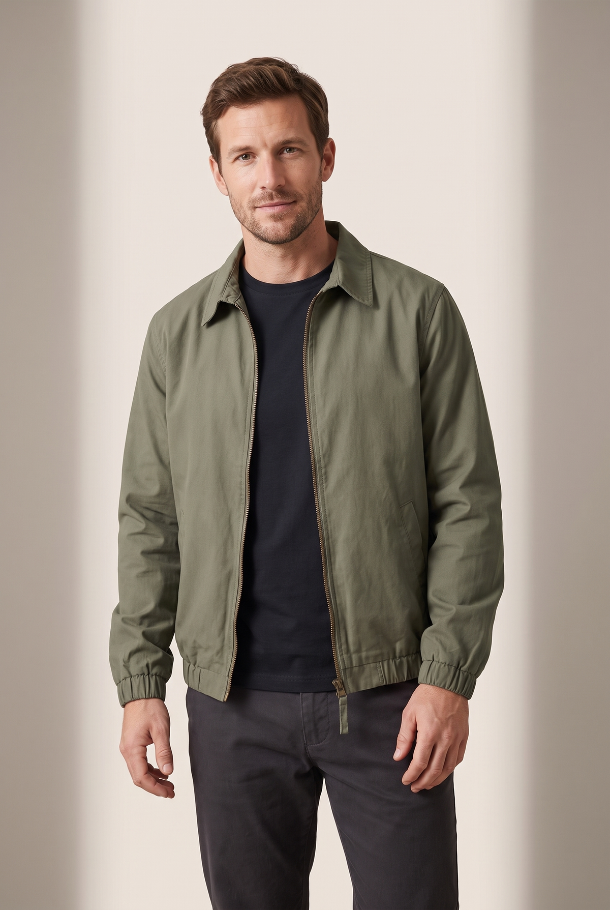 Lucas Men's Clean Zip Elasticated Cuffs Bomber Jacket in Khaki, on model