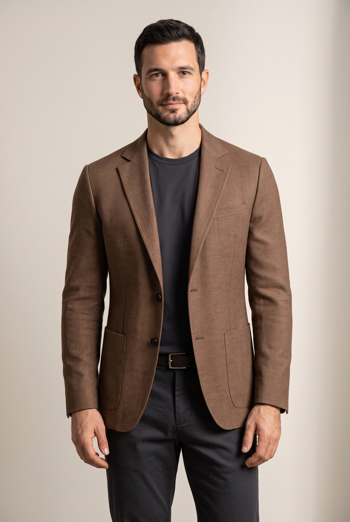 Ryan Men's Knit Classic Notch Blazer in Brown, on model