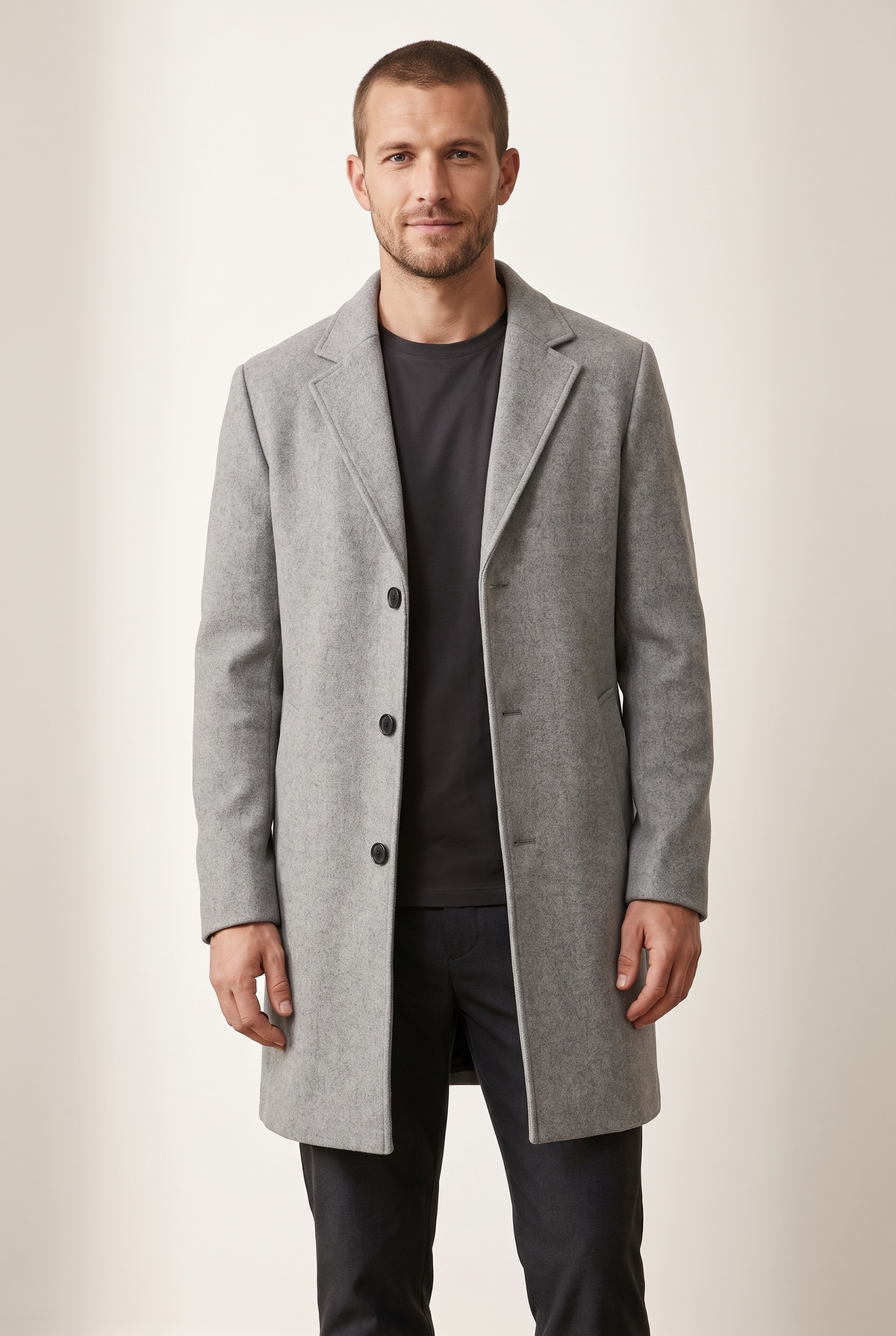 Lucas Men's Notch Lapel Three-Button Knee-Length Overcoat in Gray, on model