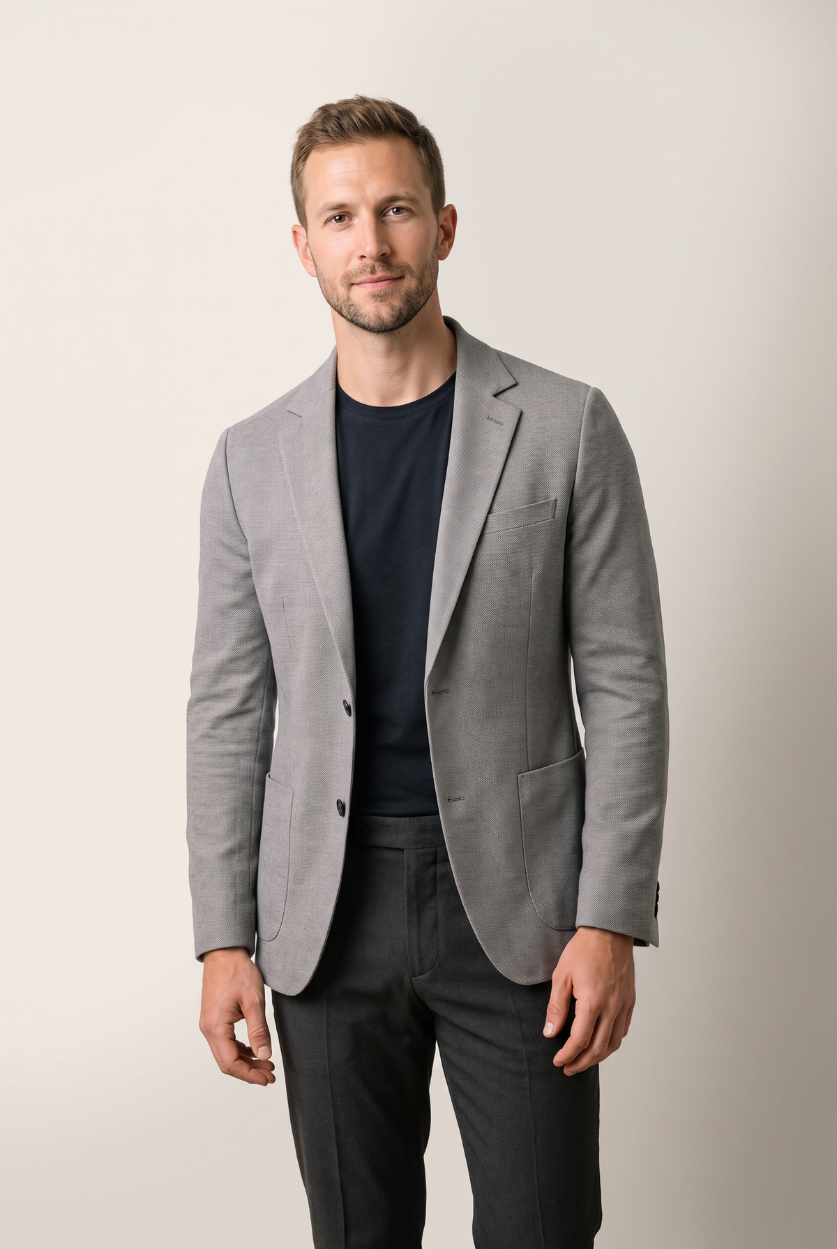 Ryan Men's Knit Classic Notch Blazer in Silver, on model