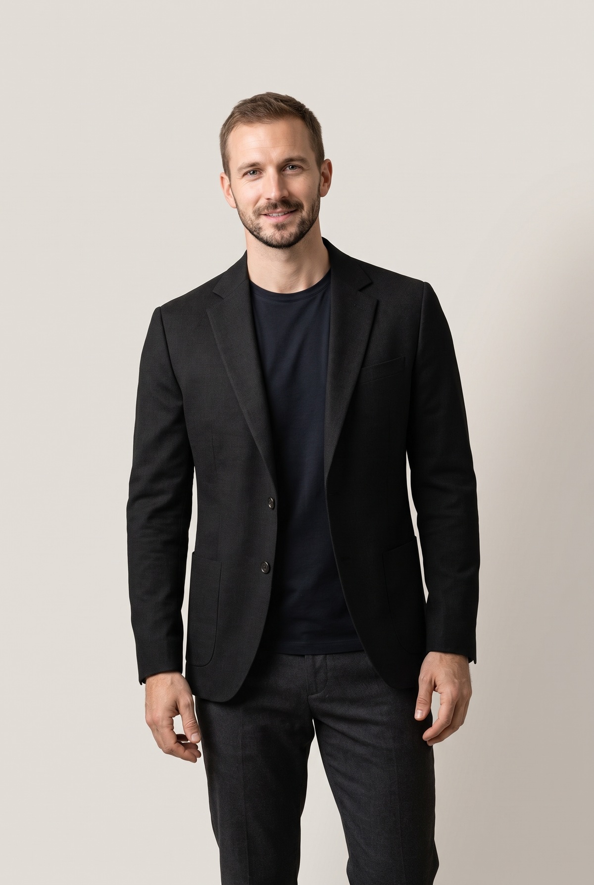 Ryan Men's Knit Classic Notch Blazer in Black, on model