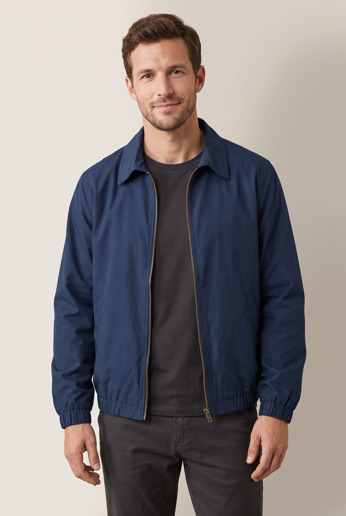 Lucas Men's Clean Zip Elasticated Cuffs Bomber Jacket in Navy, on model