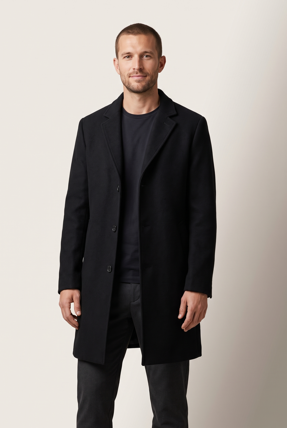 Lucas Men's Notch Lapel Three-Button Knee-Length Overcoat in Black, on model