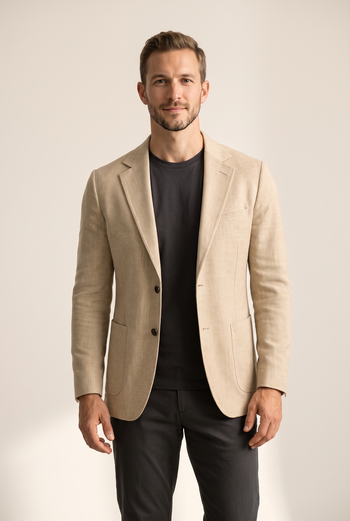 Ryan Men's Knit Classic Notch Blazer in Beige, on model