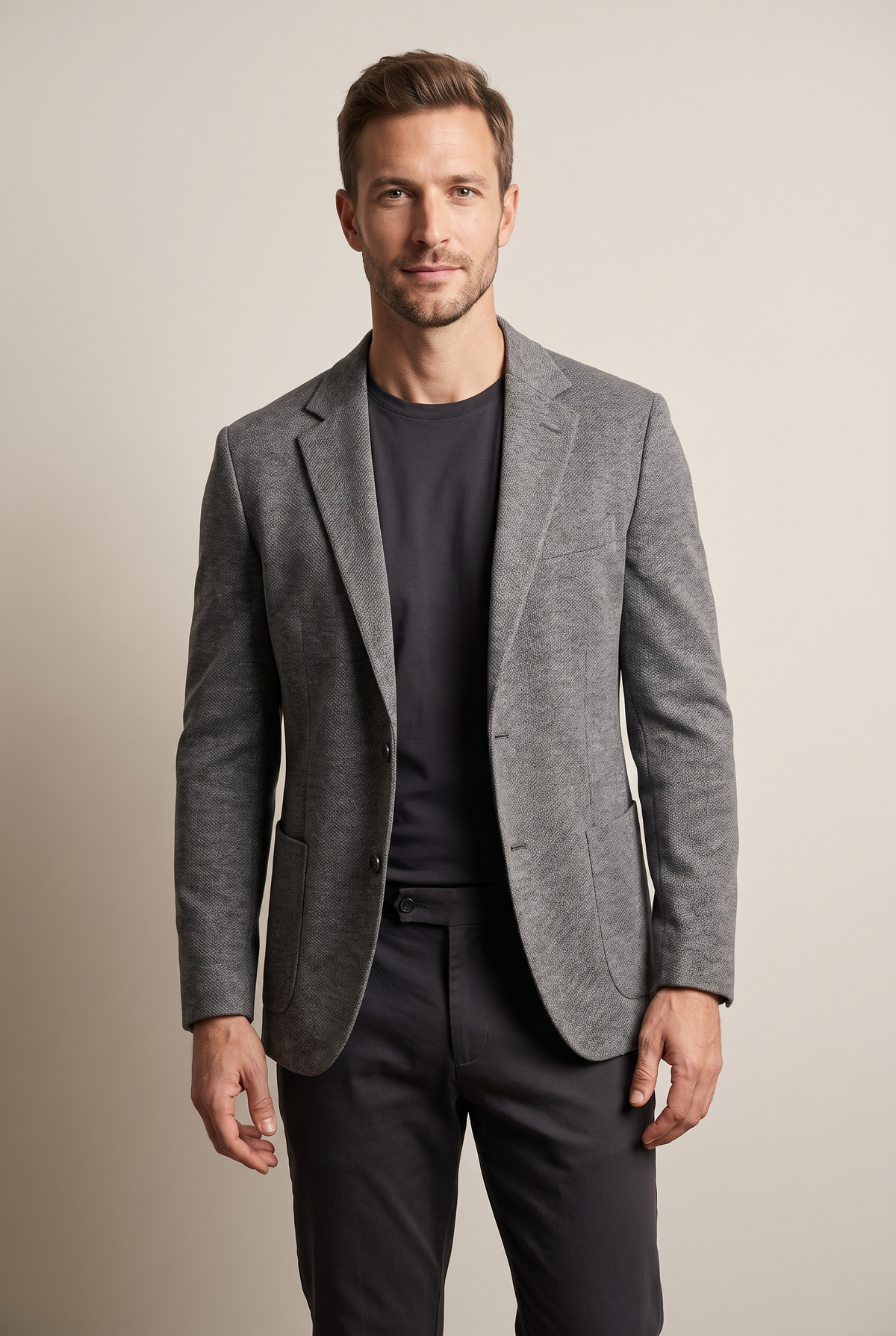 Ryan Men's Knit Classic Notch Blazer in Gray, on model