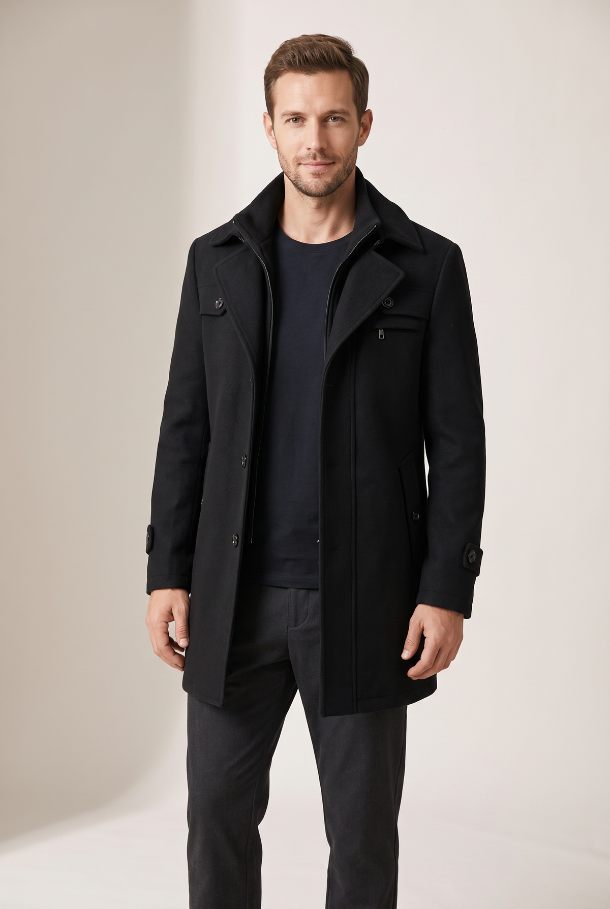 William Men's Quilted Double-Layer Collar Overcoat in Black, on model
