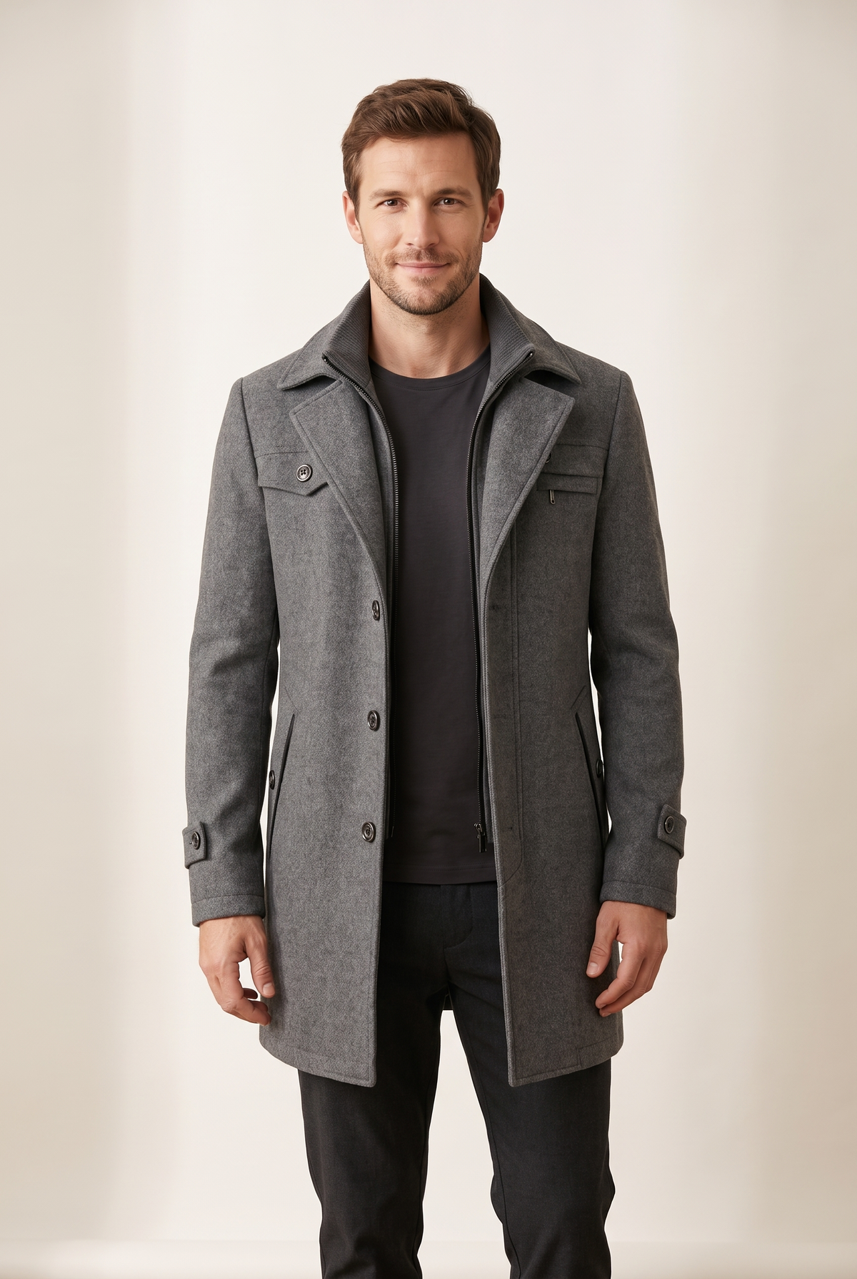 William Men's Quilted Double-Layer Collar Overcoat in Gray, on model