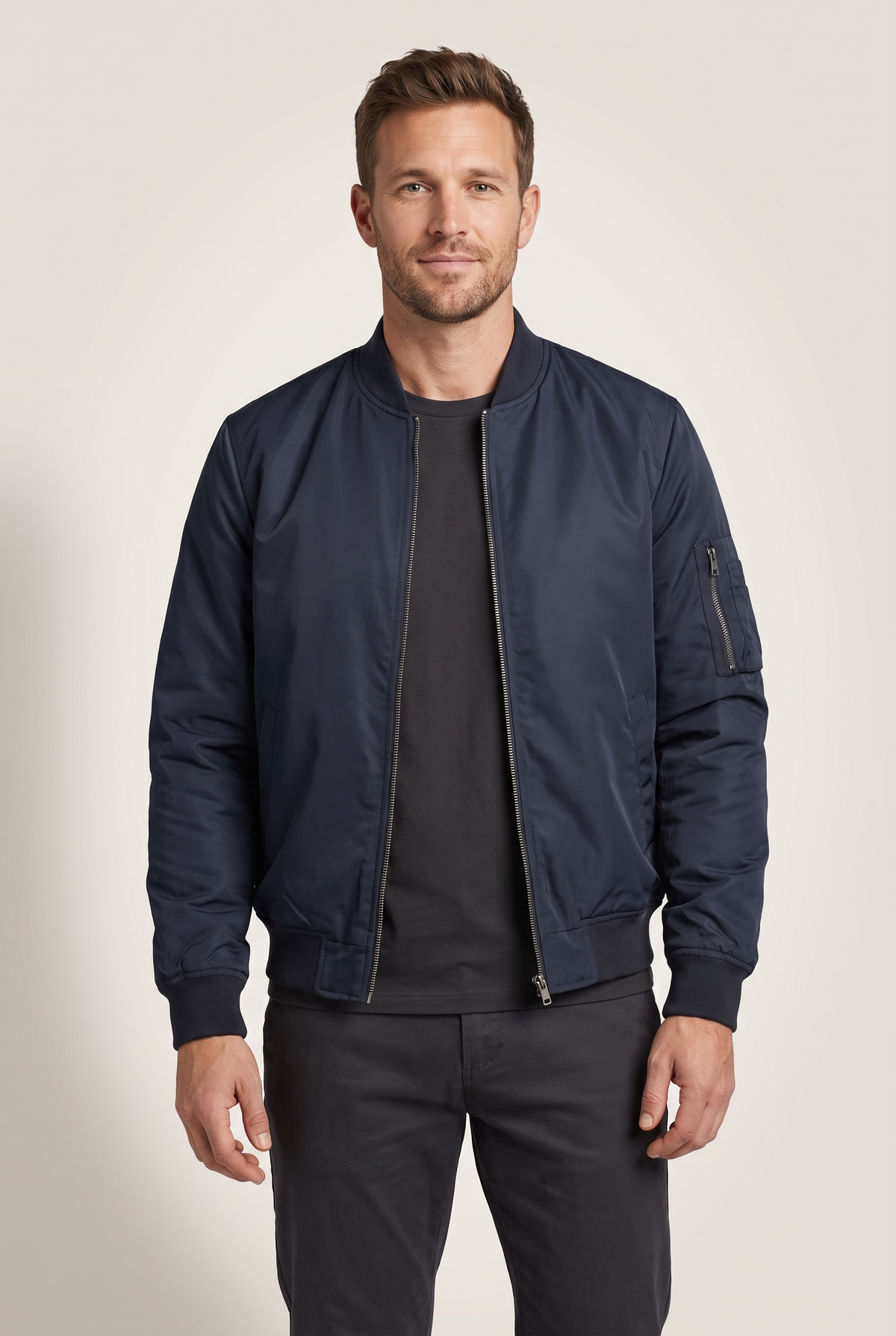Sebastian Men's Insulated Warmth Arm Pocket Bomber Jacket in Dark Navy, on model