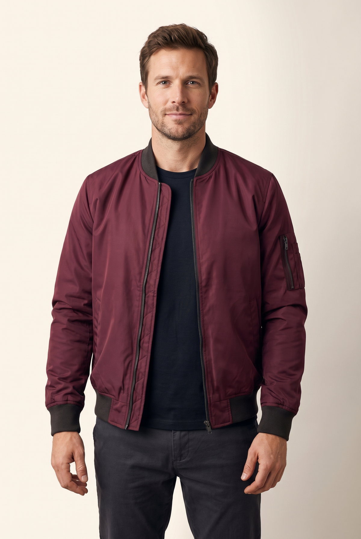 Sebastian Men's Insulated Warmth Arm Pocket Bomber Jacket in Burgundy, on model