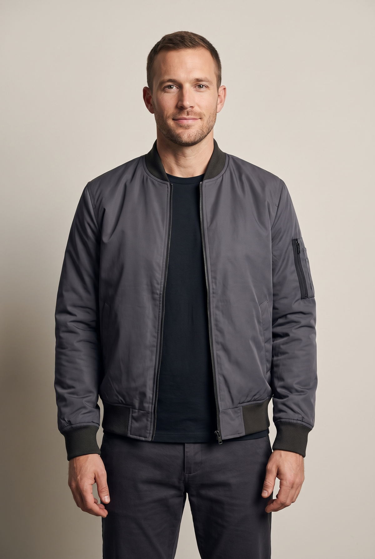 Sebastian Men's Insulated Warmth Arm Pocket Bomber Jacket in Dark Gray, on model