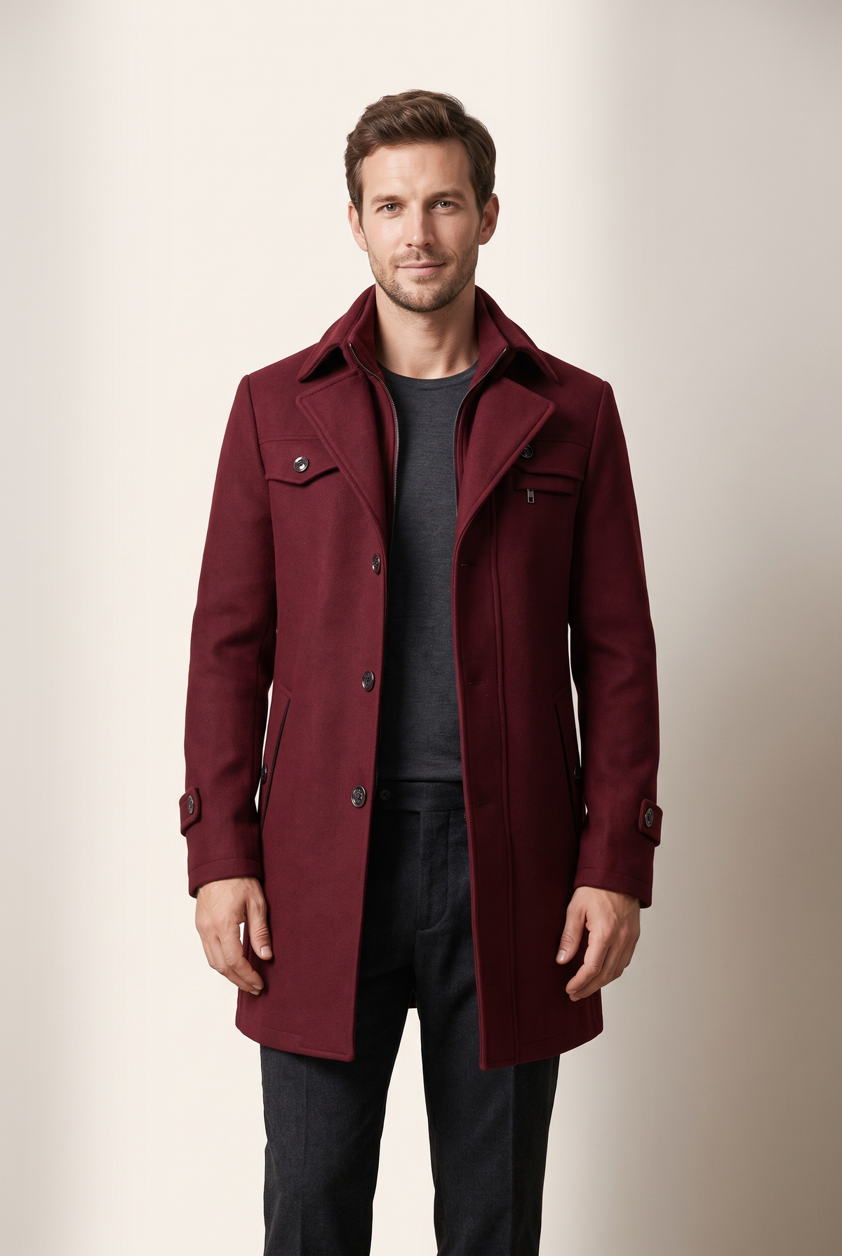William Men's Quilted Double-Layer Collar Overcoat in Burgundy, on model