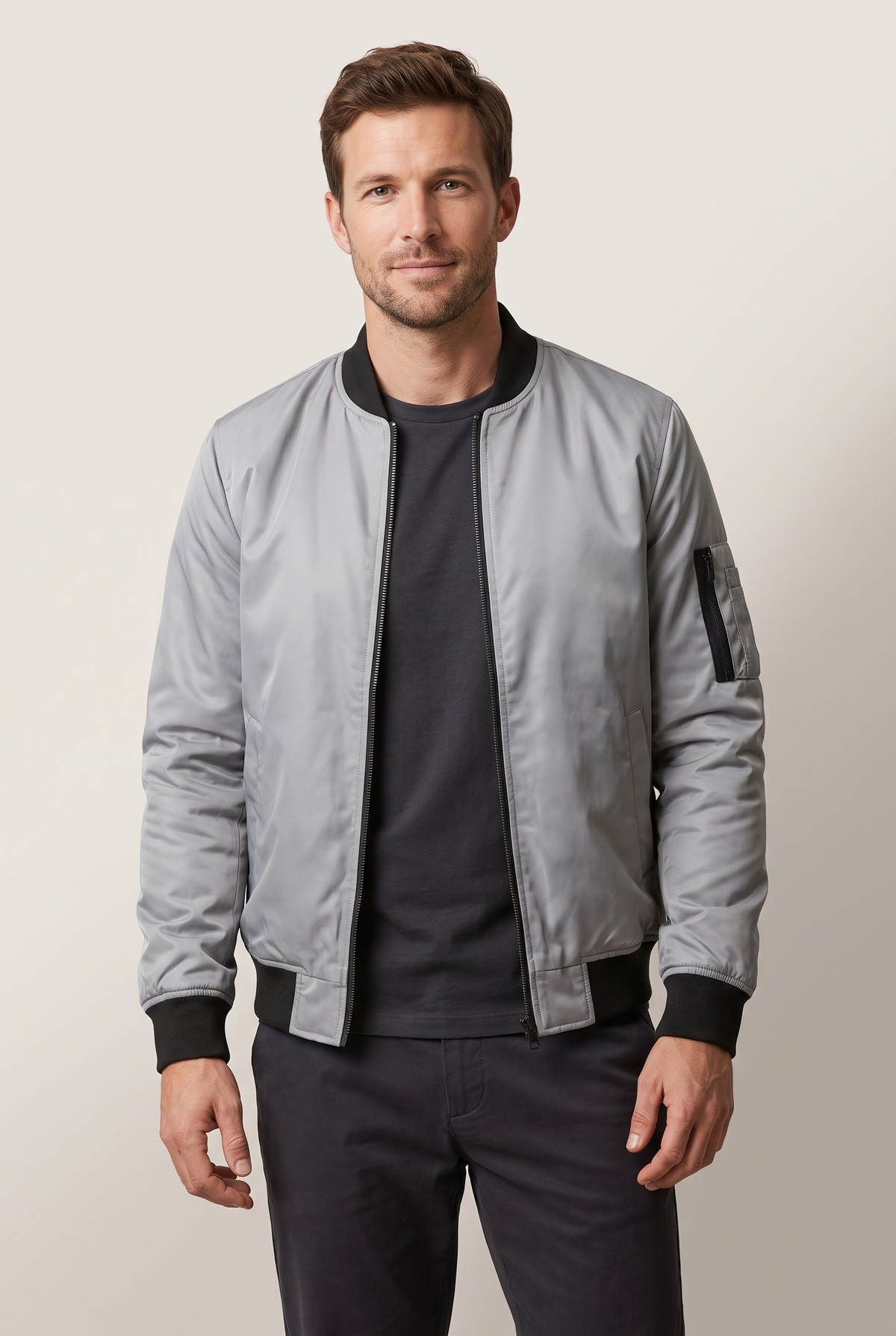 Sebastian Men's Insulated Warmth Arm Pocket Bomber Jacket in Light Gray, on model