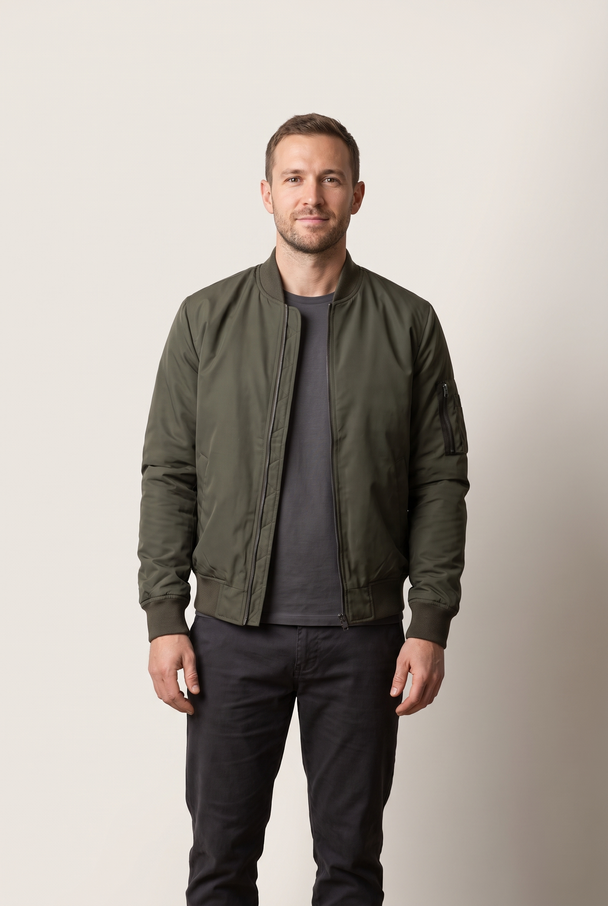 Sebastian Men's Insulated Warmth Arm Pocket Bomber Jacket in Olive Green, on model