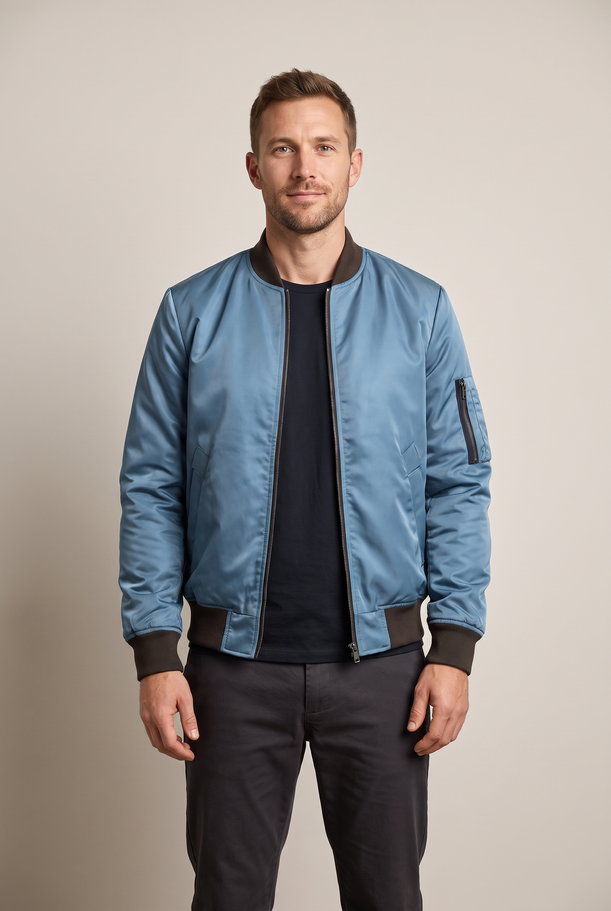 Sebastian Men's Insulated Warmth Arm Pocket Bomber Jacket in Blue, on model