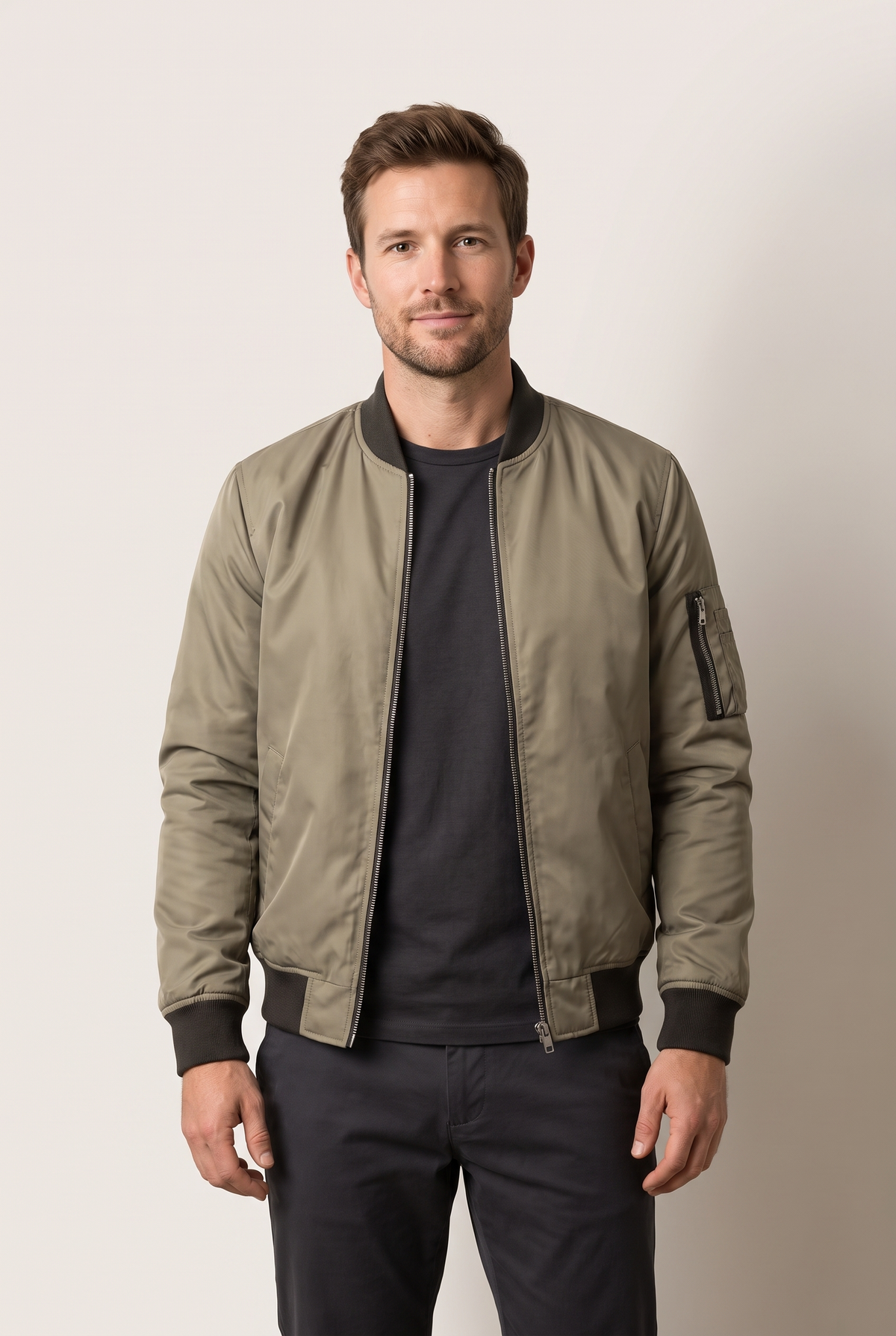 Sebastian Men's Insulated Warmth Arm Pocket Bomber Jacket in Khaki, on model