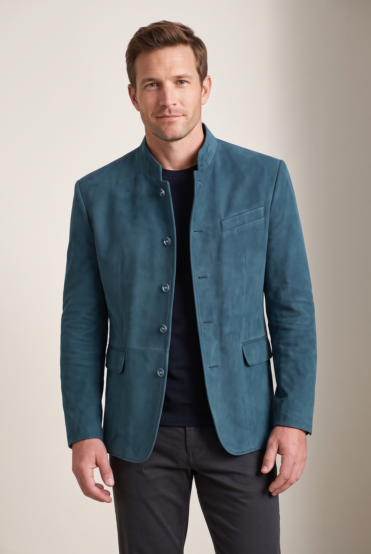 Owen Men's Mandarin-Collar Button-Front Blazer in Blue, on model
