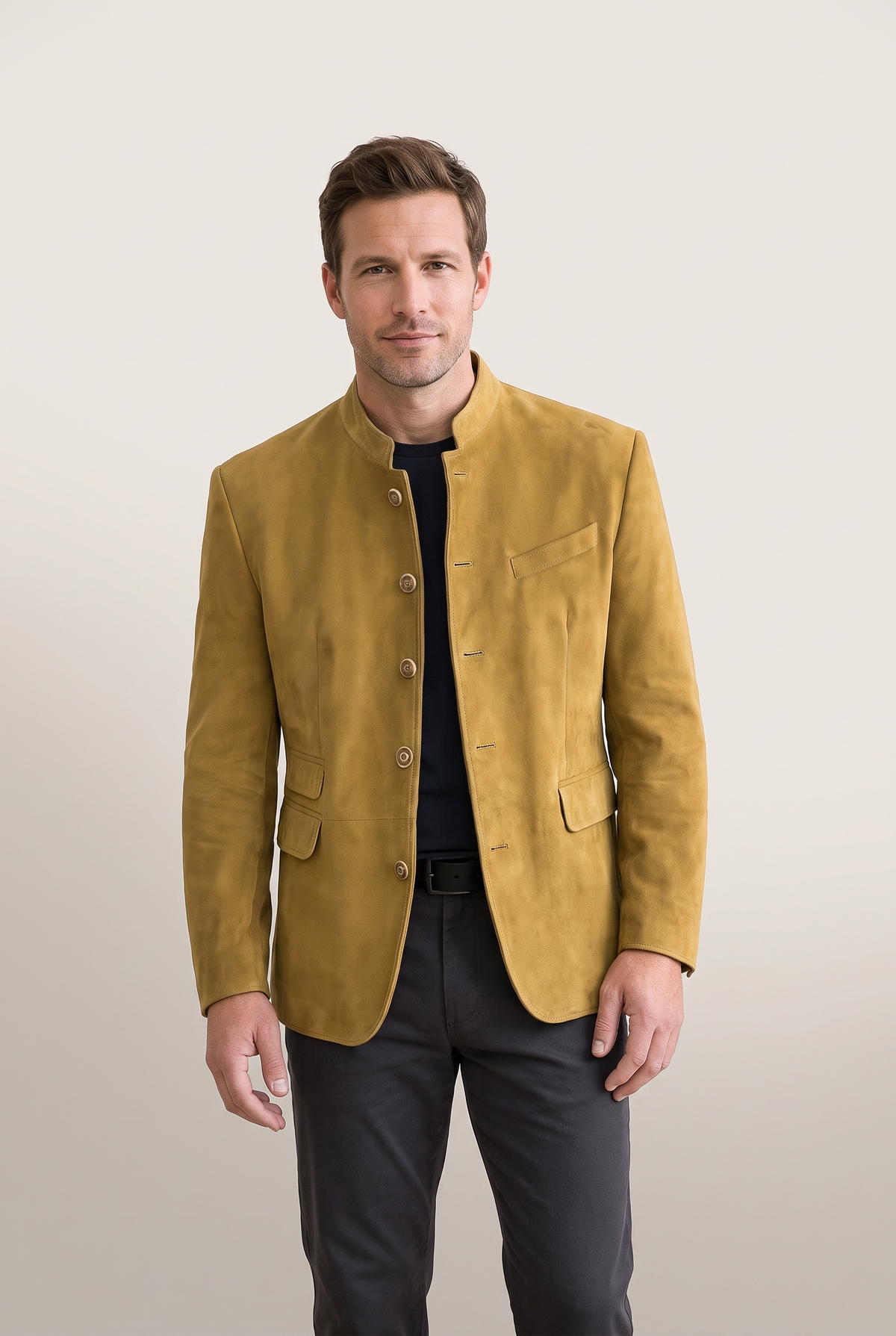 Owen Men's Mandarin-Collar Button-Front Blazer in Yellow, on model