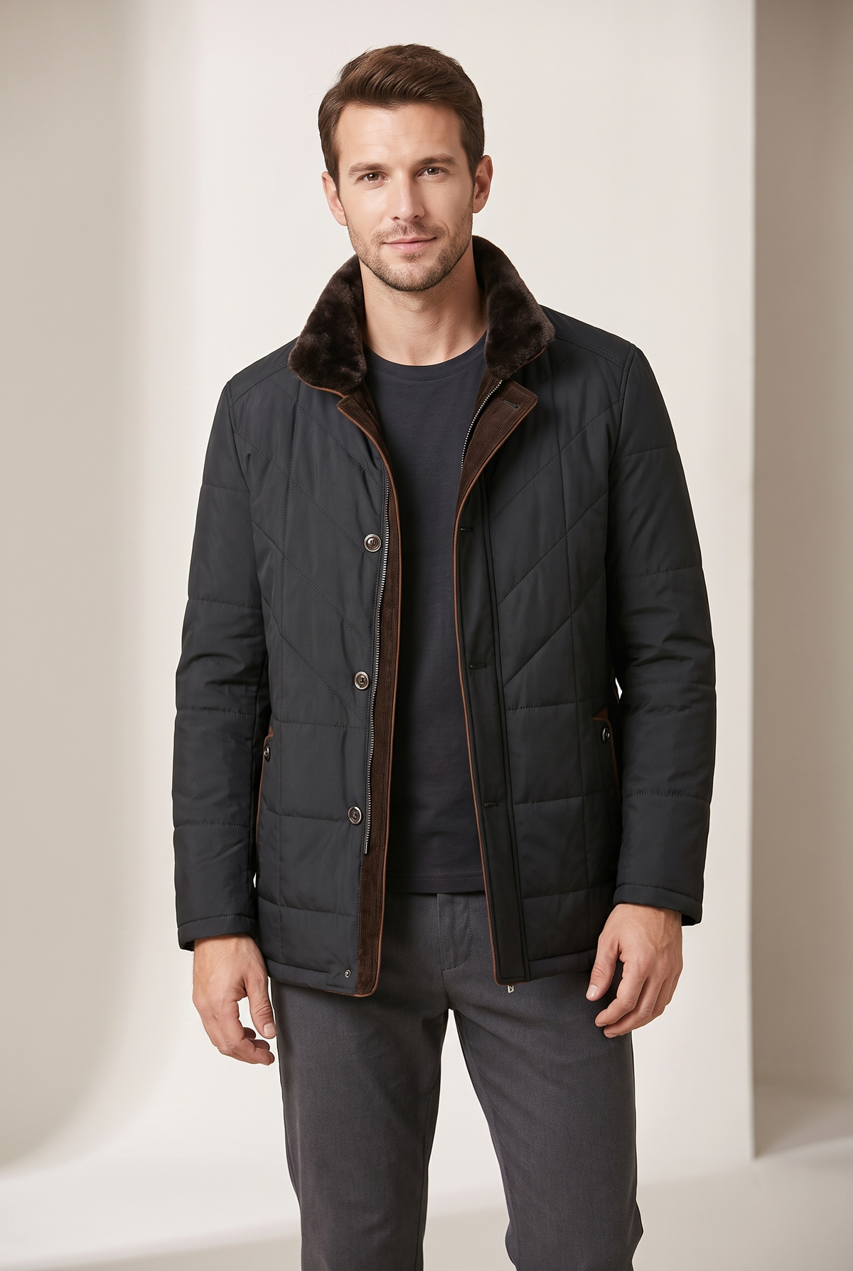 Miguel Men's Winter Quilted Panel Construction Button Front Closure Jacket in Black, on model