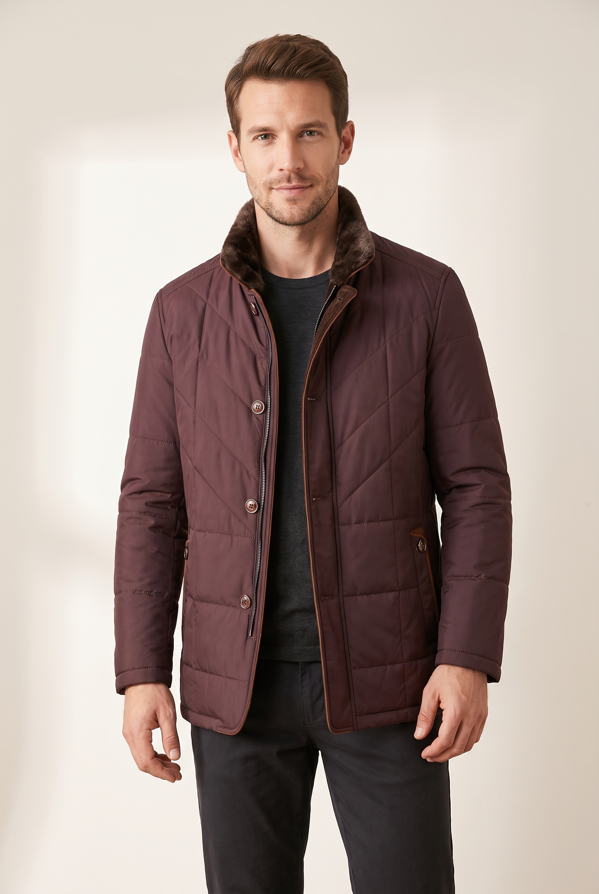 Miguel Men's Winter Quilted Panel Construction Button Front Closure Jacket in Red, on model