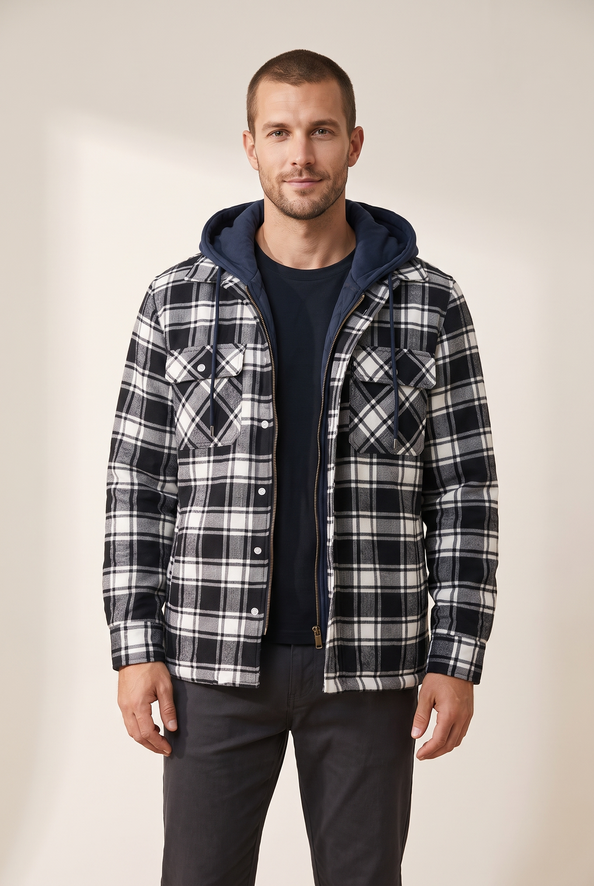 Silas Men's Plaid Pattern Exterior Attached Hood Detail Layered Front Closure Jacket in Black, on model