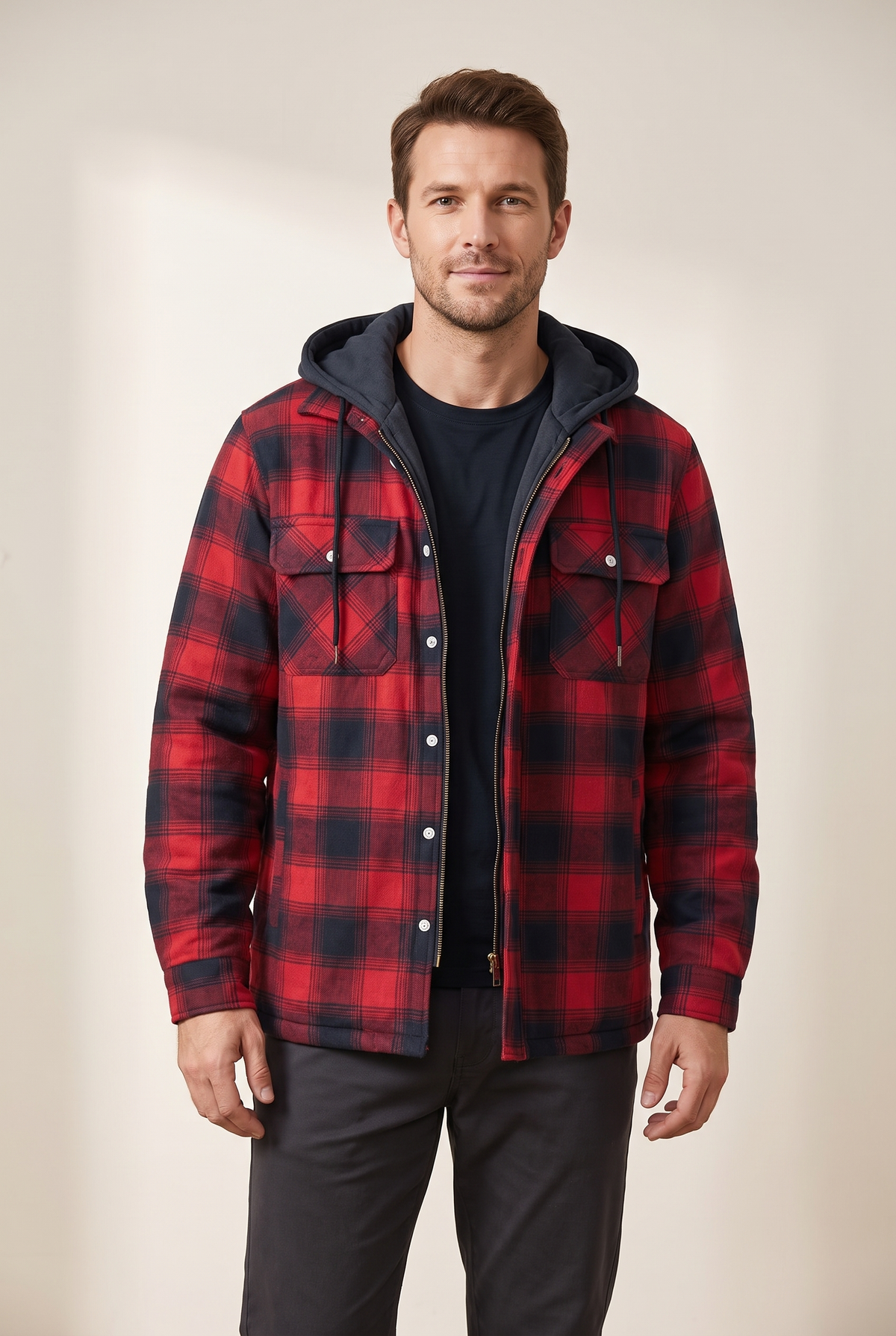 Silas Men's Plaid Pattern Exterior Attached Hood Detail Layered Front Closure Jacket in Red, on model