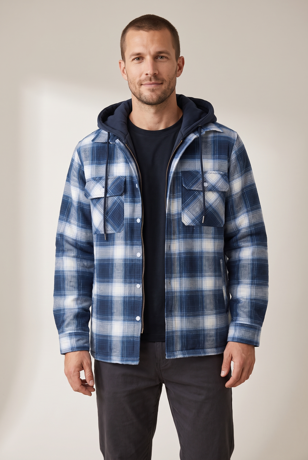 Silas Men's Plaid Pattern Exterior Attached Hood Detail Layered Front Closure Jacket in Dark Blue, on model