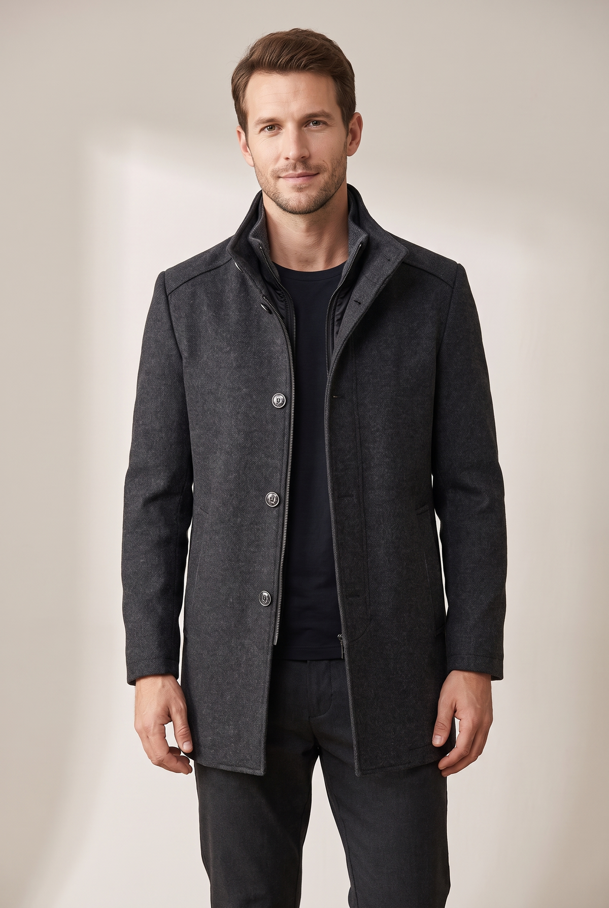 Vincent Men's Winter Stand Collar Design Button Front Closure Coat in Gray, on model